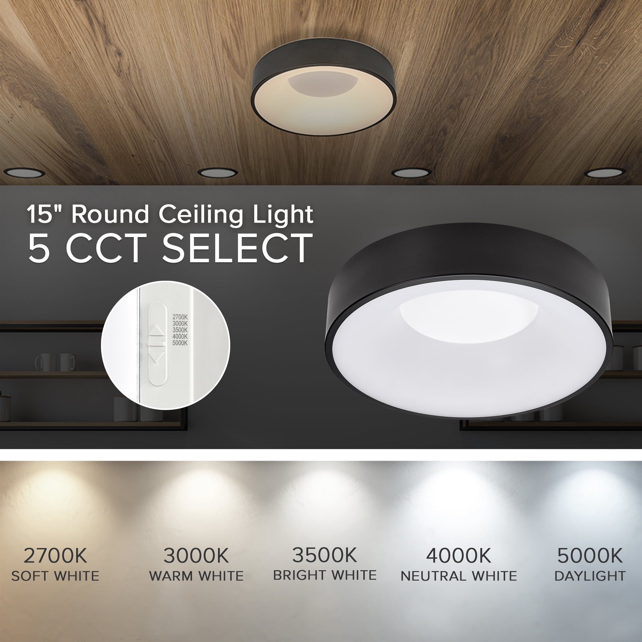 Maxxima 15 in. Black LED Flush Mount Ceiling Light, 5 CCT 2700K-5000K, 1400 Lumens, Dimmable - Image 4