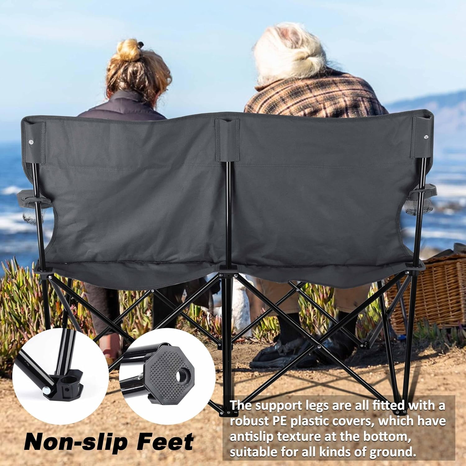 Double Camping Chair, Outdoor Folding Loveseat Chair Supports 500 LBS, Portable Oversized Lawn Chair with Cup Holders for Backpacking Hiking Picnic, Sturdy Steel Frame & 600D Oxford Fabric - Image 2