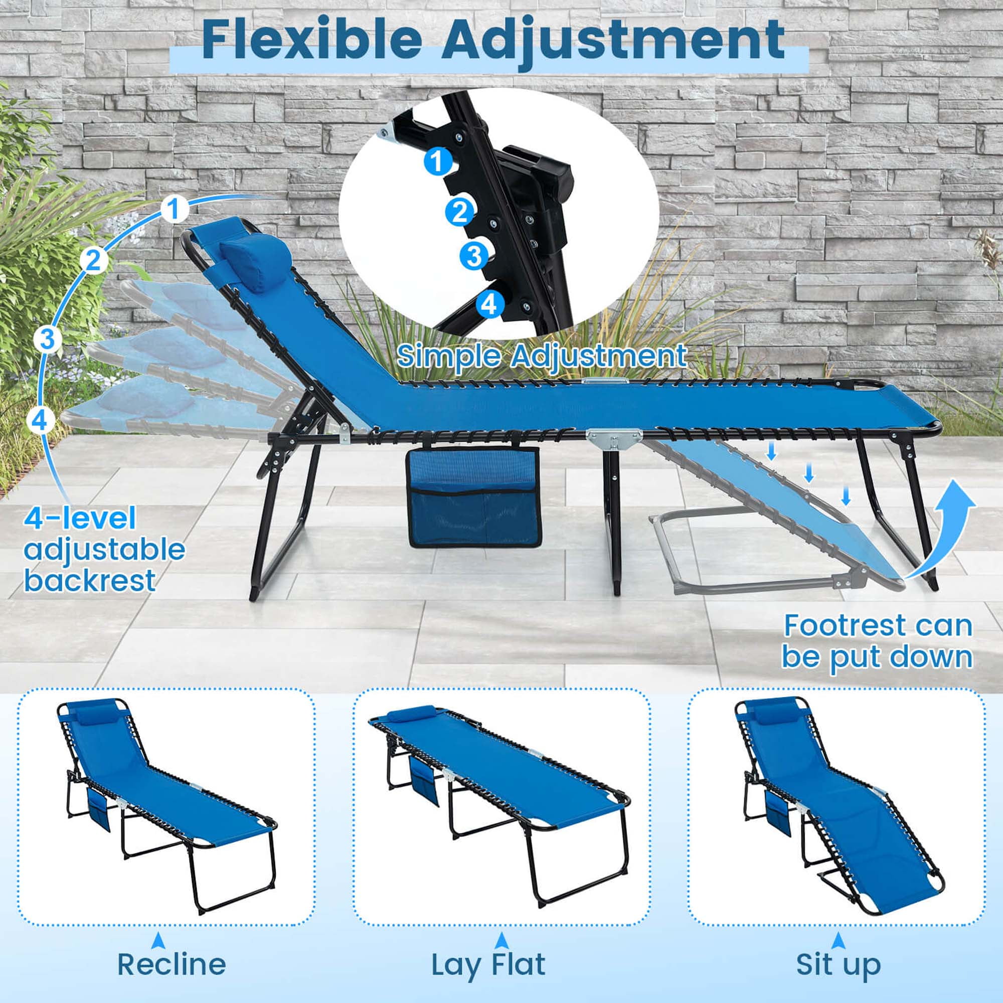Costway Folding Lounge Chaise Recline Chair with Adjustable Backrest and Footrest Navy - Image 2