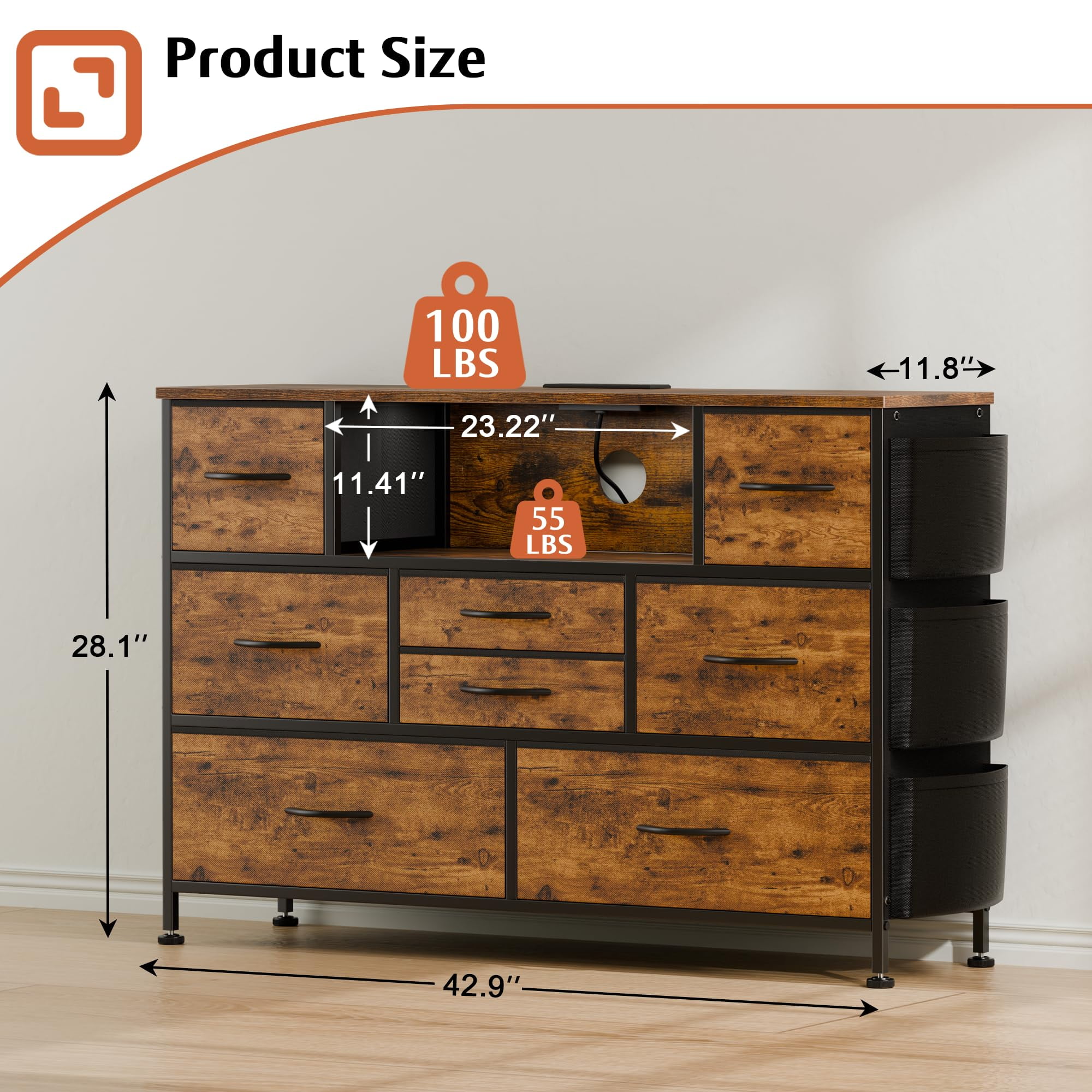 GIKPAL Dressers for Bedroom, 8 Drawer Dresser with LED Lights, Chest of Drawers with Side Pockets & Power Outlet Ports, Storage Drawers Nightstand, Bedroom Furniture Brown - Image 3