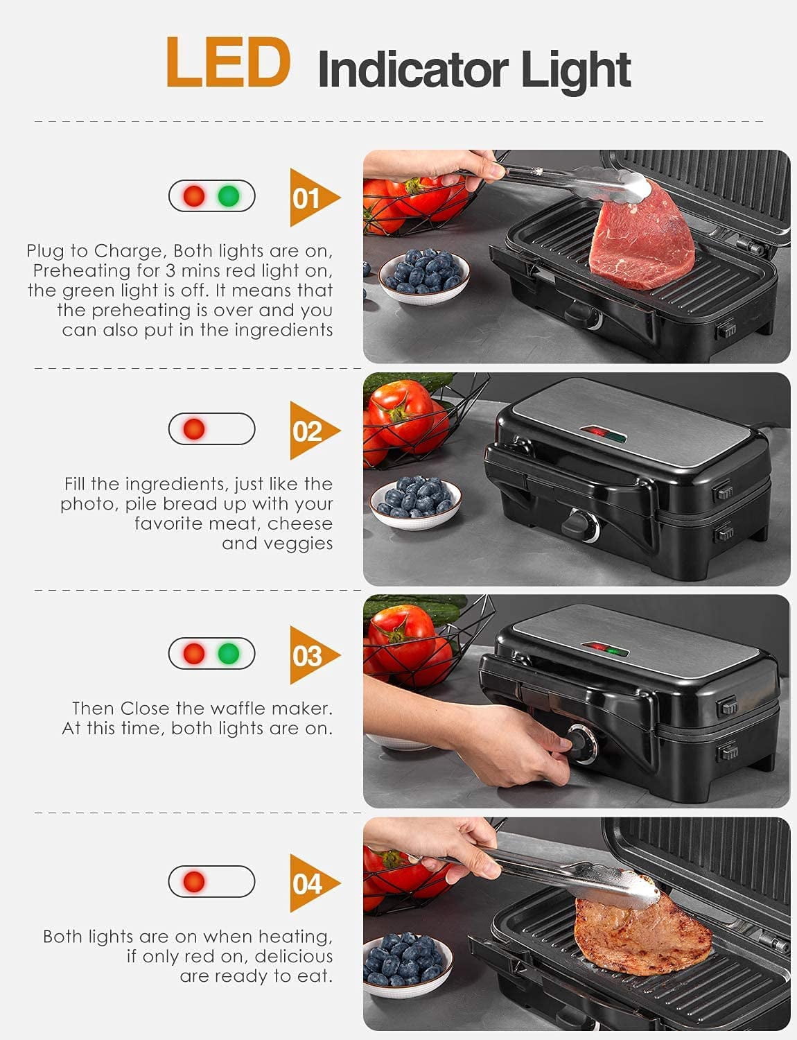 3-in-1 Sandwich Maker with Removable Plates, FOHERE Waffle Maker and Panini Press Grill, 1200W, Black - Image 3