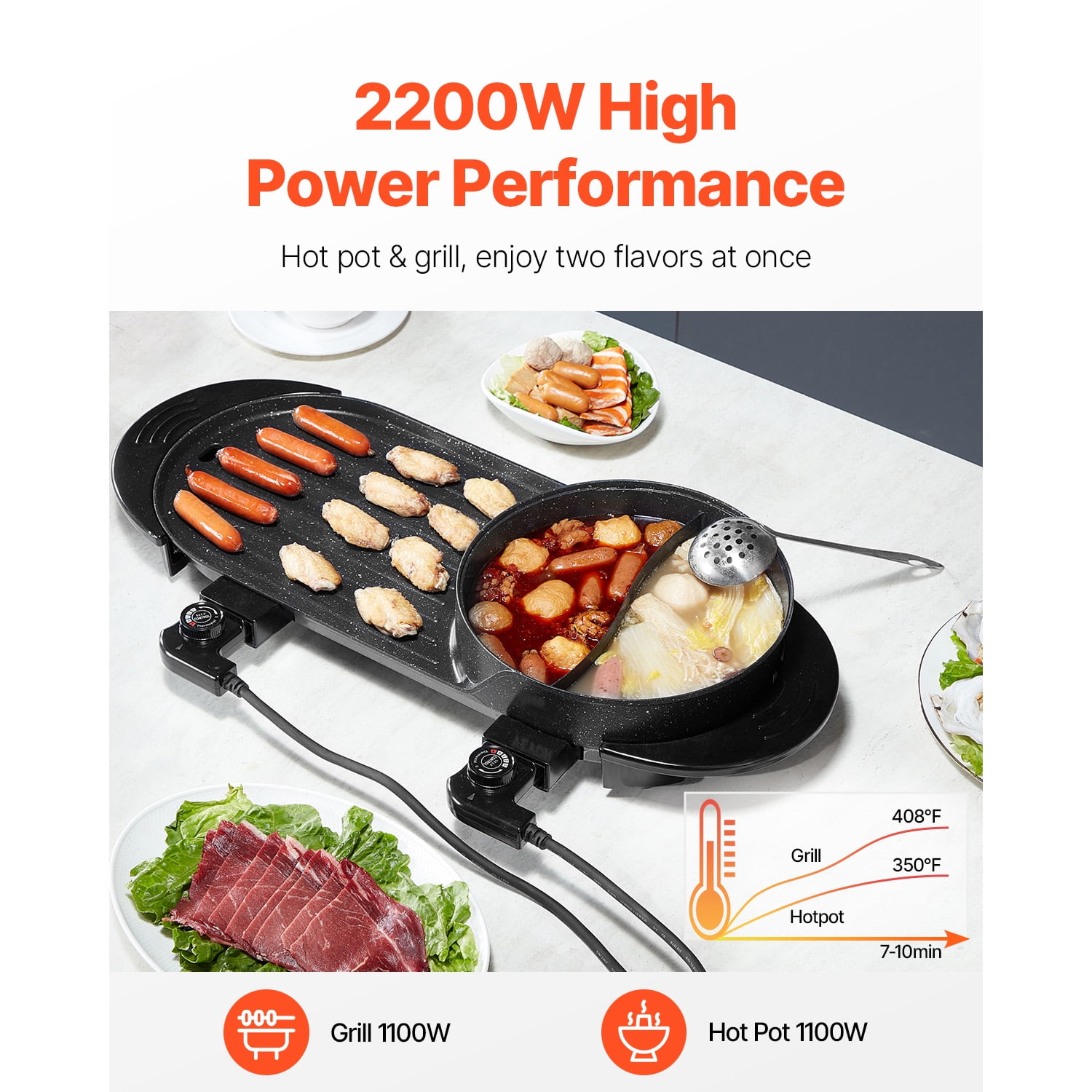 KFFKFF 2-in-1 Electric Grill & Hot Pot - Dual Temperature Control, Non-Stick Teppanyaki & Shabu Shabu Cooker - Image 7
