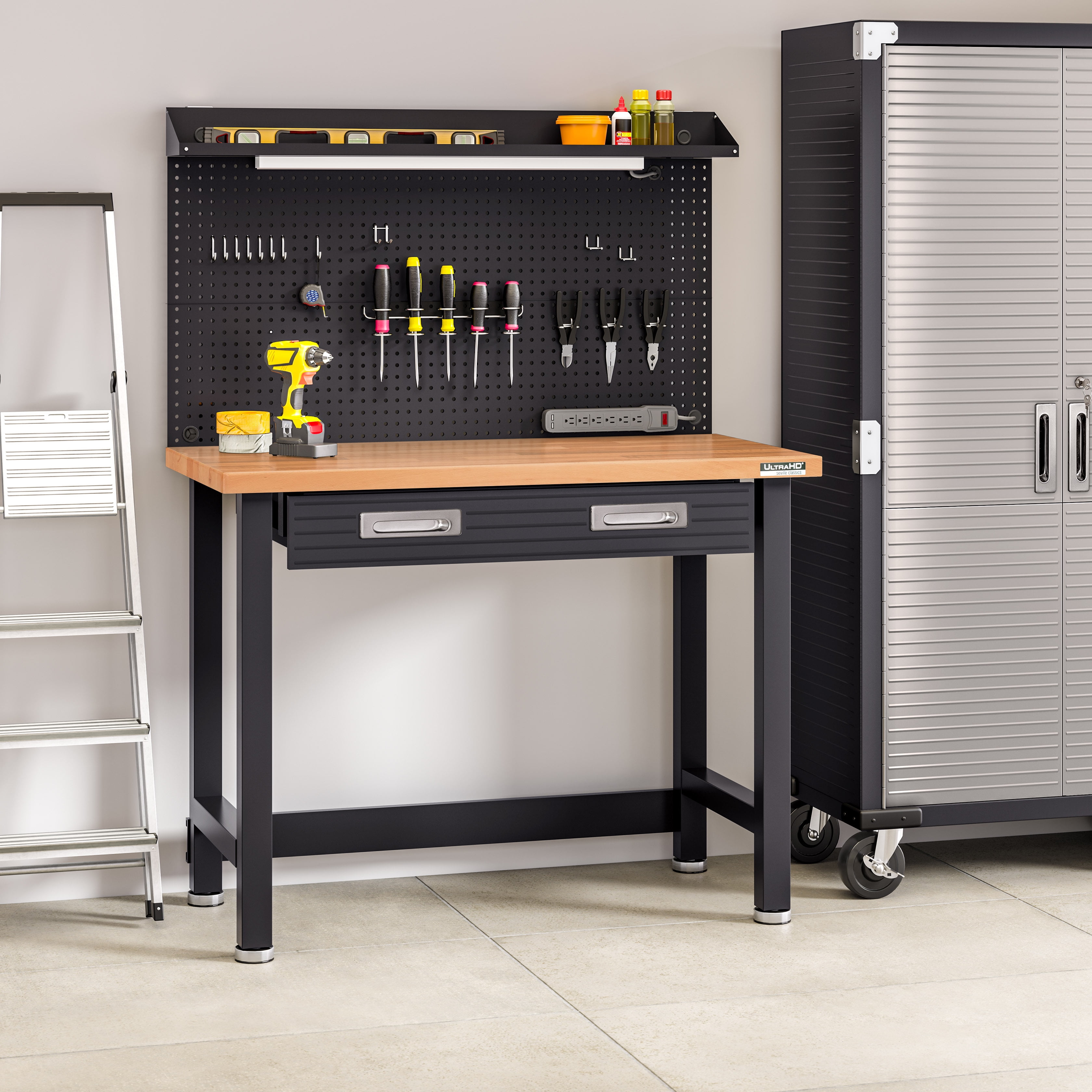 Seville Classics UltraHD® Heavy Duty Commercial Lighted Workcenter Workbench w/ Pegboard, Graphite, 48" W x 24" D x 65.5" H - Image 15