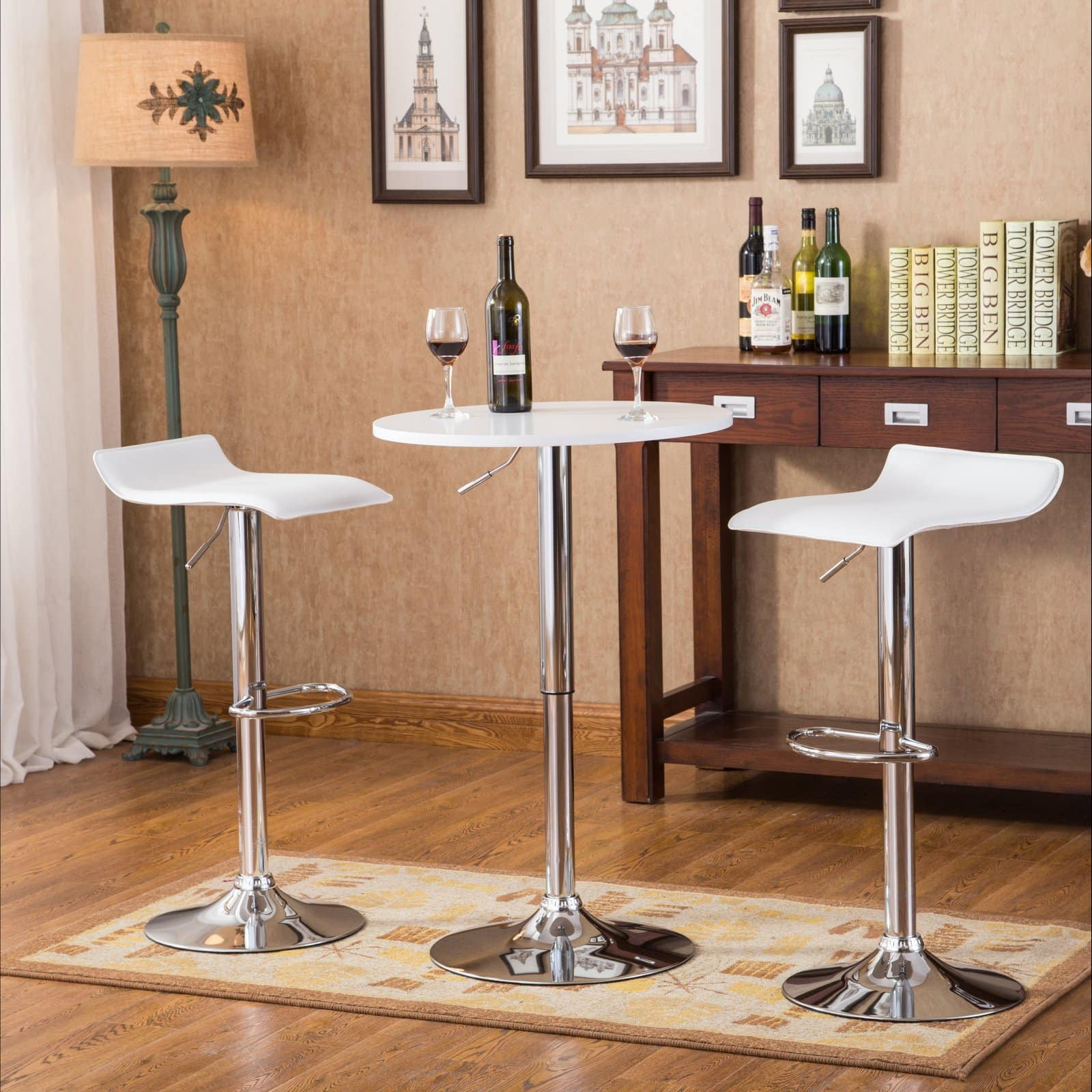 Roundhill Furniture Baxton White Adjustable Height Wood and Chrome Metal Bar Table and 2 Chrome Air Lift Adjustable Swivel Stools Set - Image 6