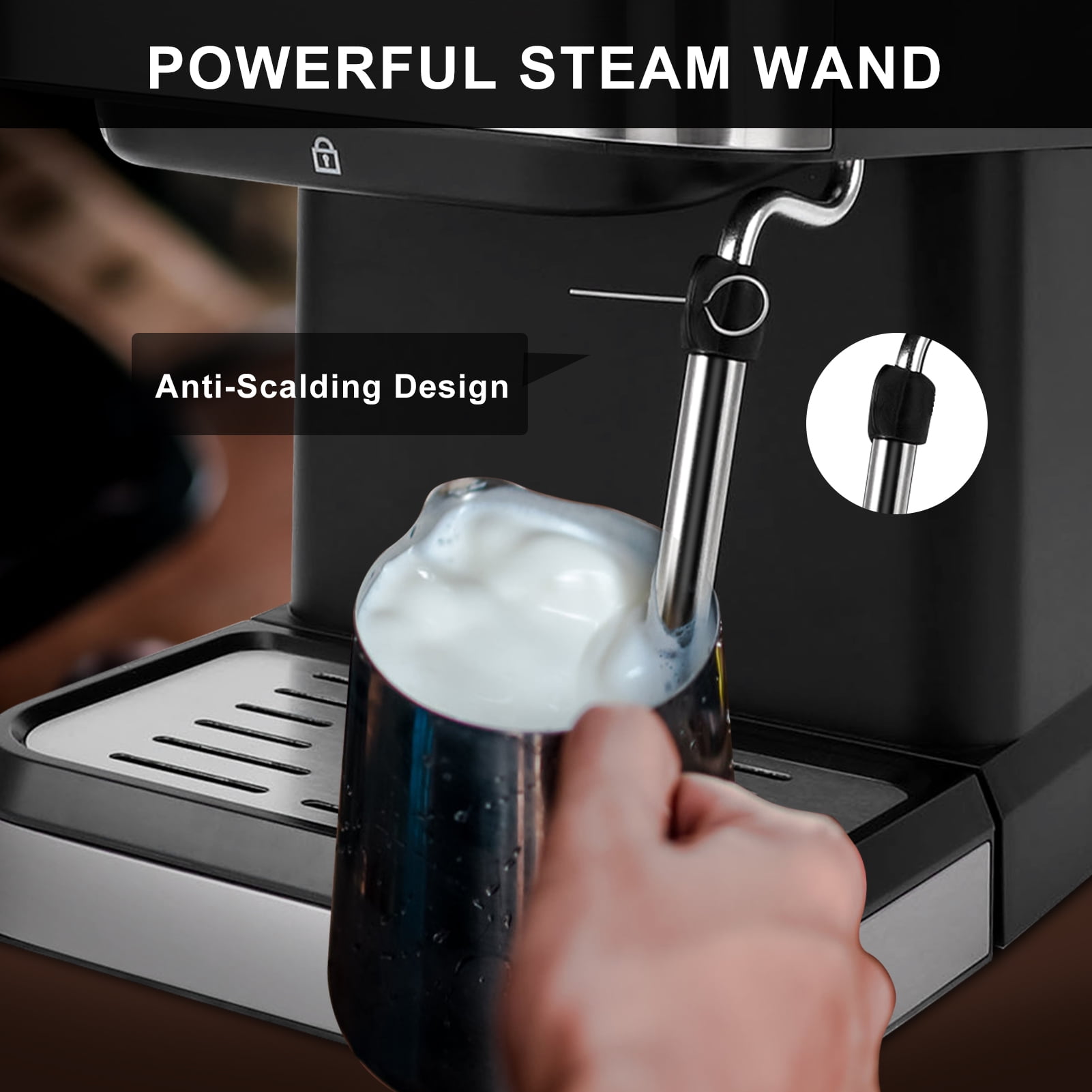 Fyydes Espresso Machine 20 Bar, 1.5L Water Tank with Milk Frother Steam, Stainless Steel Coffee Maker for Espresso, Latte, Mocha, Americano, 1050W, Silver - Image 9