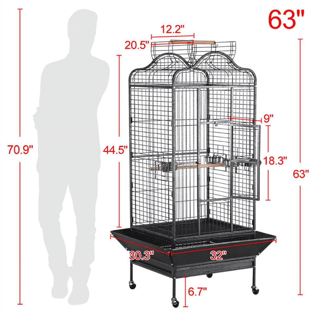 Renwick Extra Large Bird Cage with Rolling Stand, 3 Feeding Bowls and 2 Perches, Black - Image 3