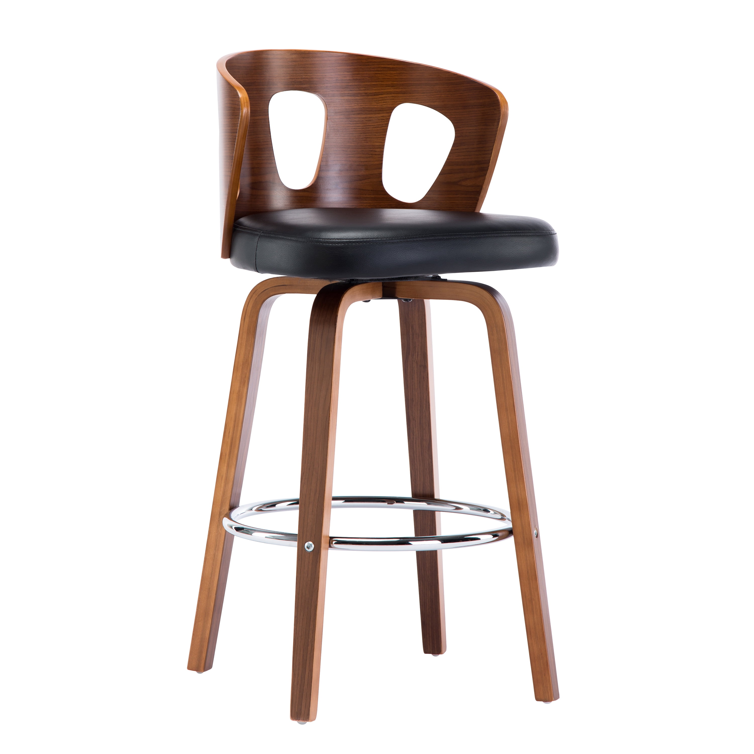 Wood and Black Faux Leather Mid-Century Modern Swivel Barstool with Decorative Back 26-Inch Seat Height - Image 2