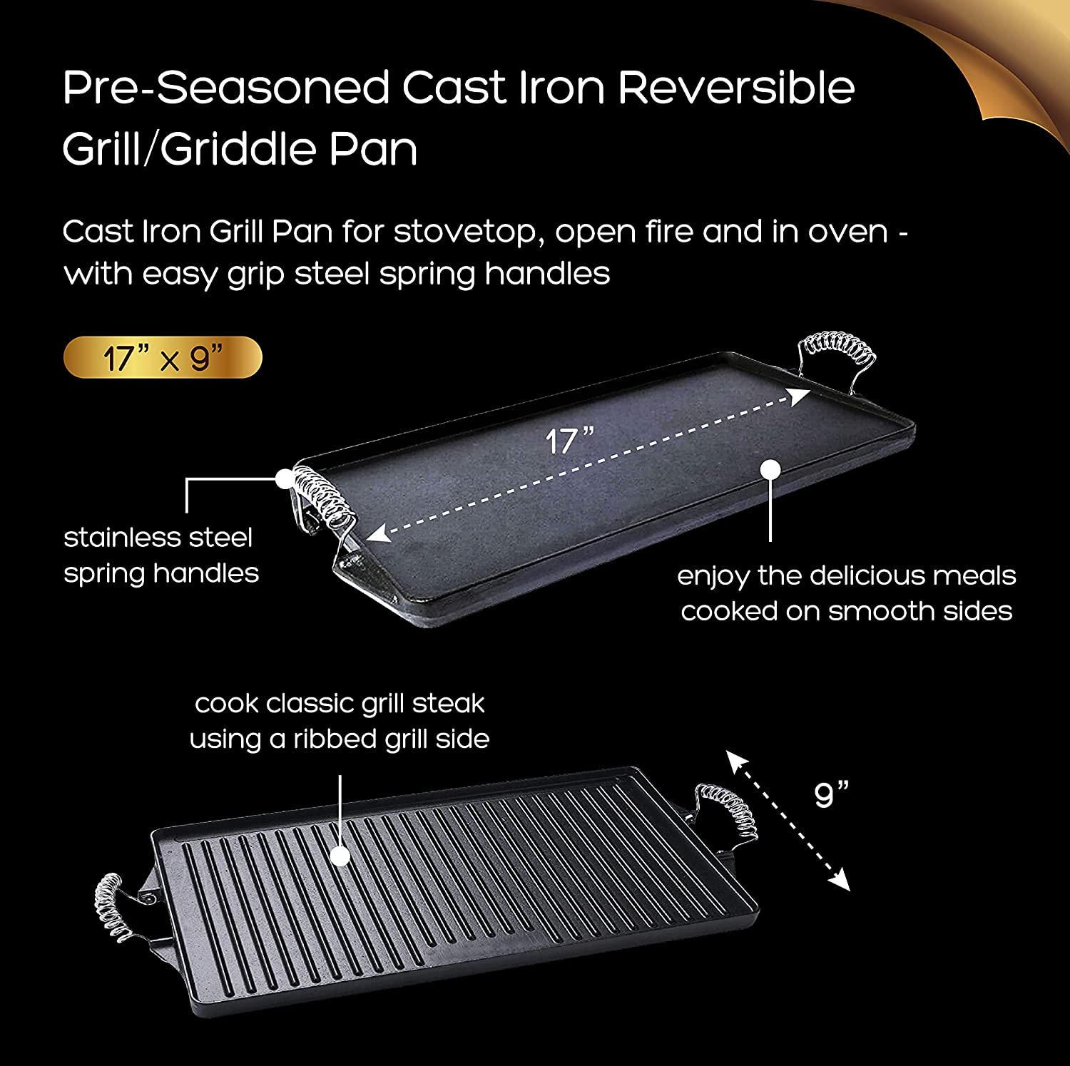 Bruntmor 17""x9"" Reversible Grill/Griddle Pan, Pre-Seasoned Cast Iron - Image 2