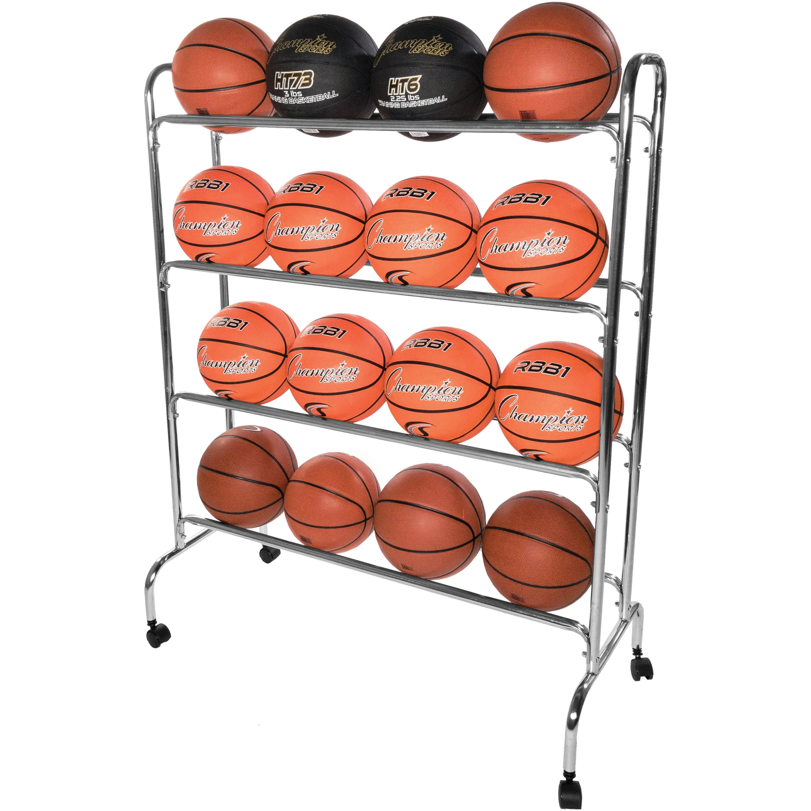 Champion Sports Four Tier Basketball Storage Cart Rack, 16 Ball Capacity (Silver) - Image 2