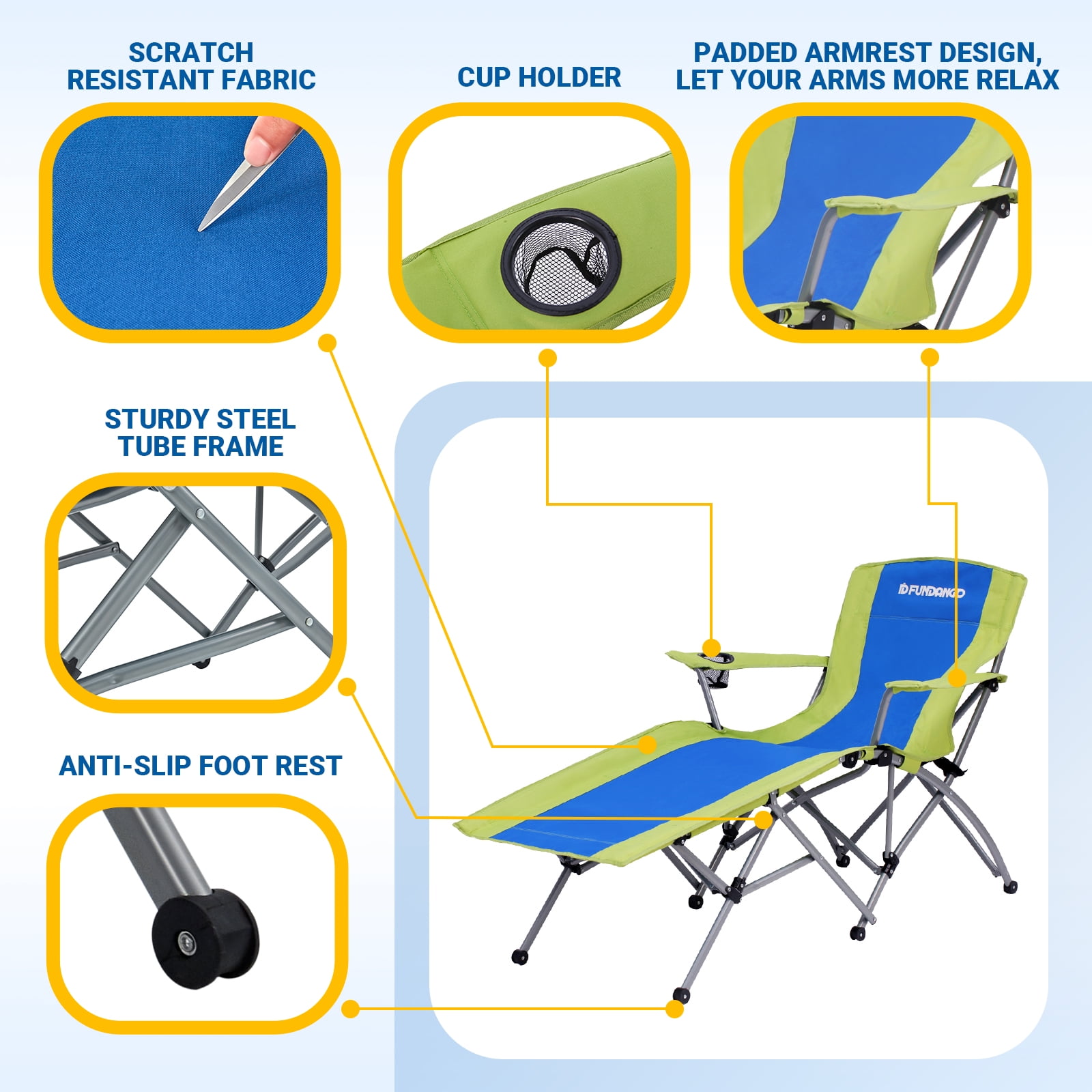 FUNDANGO Folding Lounge Chair with Footrest & Cup Holder, Reclining Design for Camping & Outdoor Use, Blue/Green - Image 6