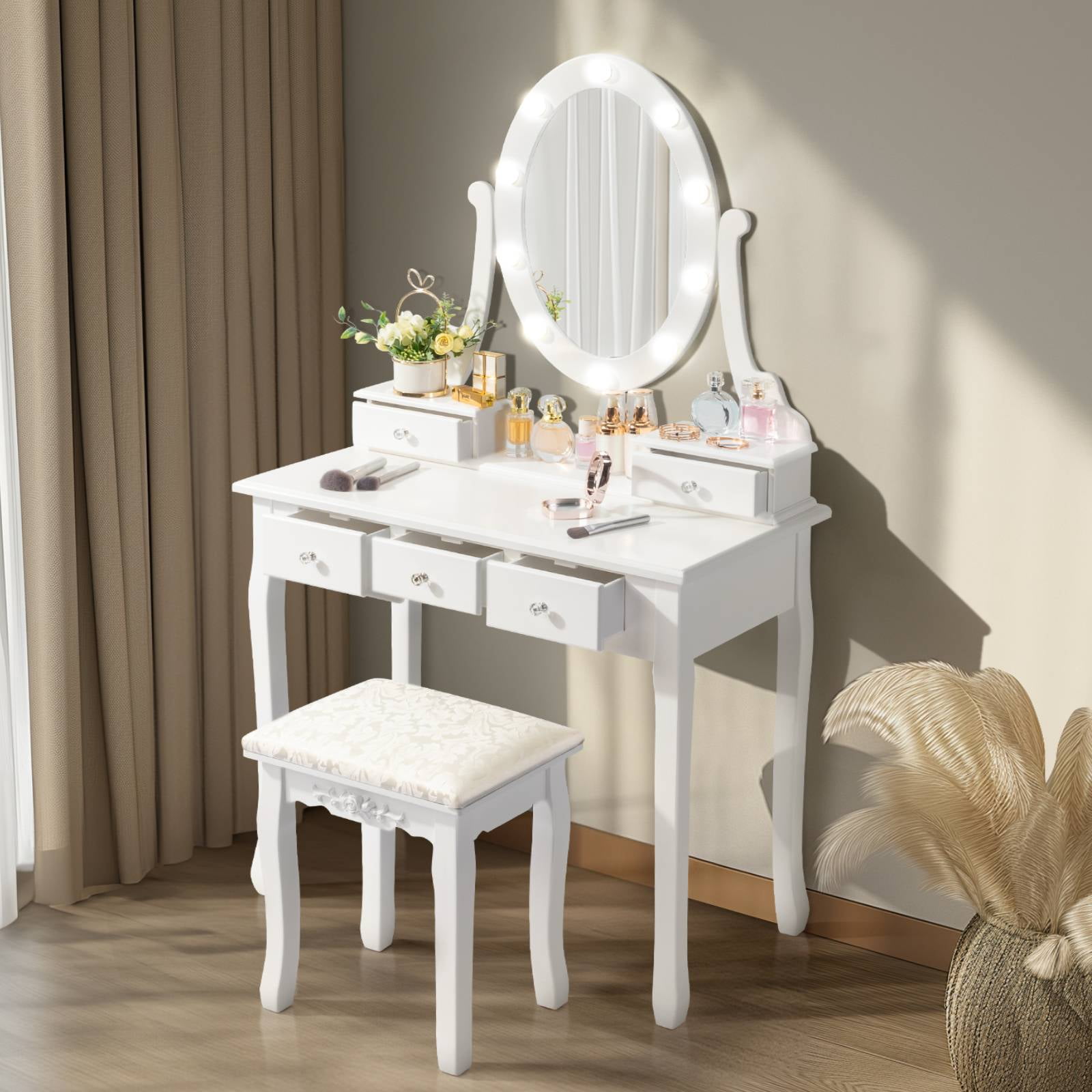 Ktaxon Vanity Table 10 LED Lights, 5 Drawers Makeup Dressing Desk with Cushioned Stool Set,Bedroom Vanities Set White - Image 13