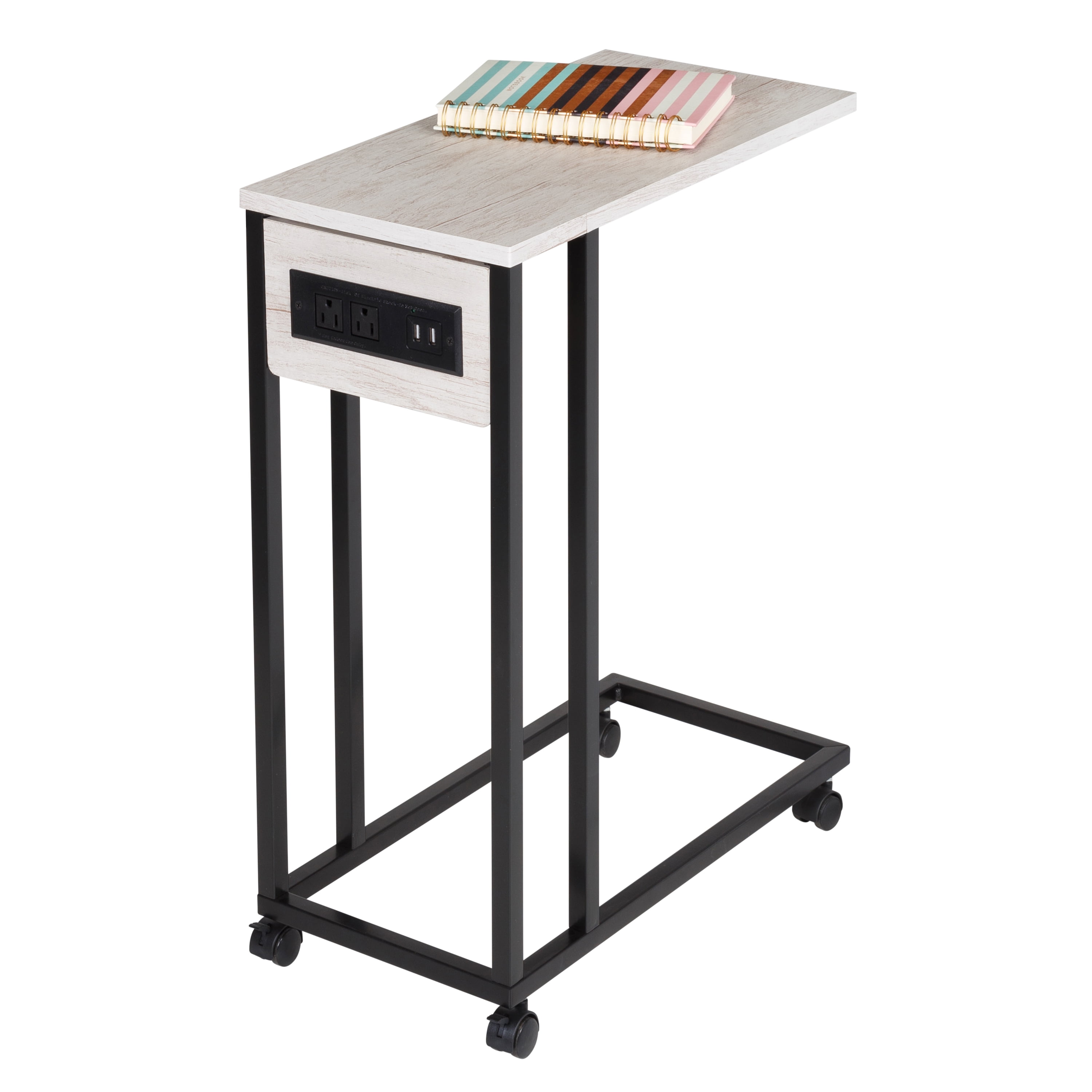 Honey-Can-Do C-Shaped Side Table with Outlets and Wheels, Natural/Black - Image 5