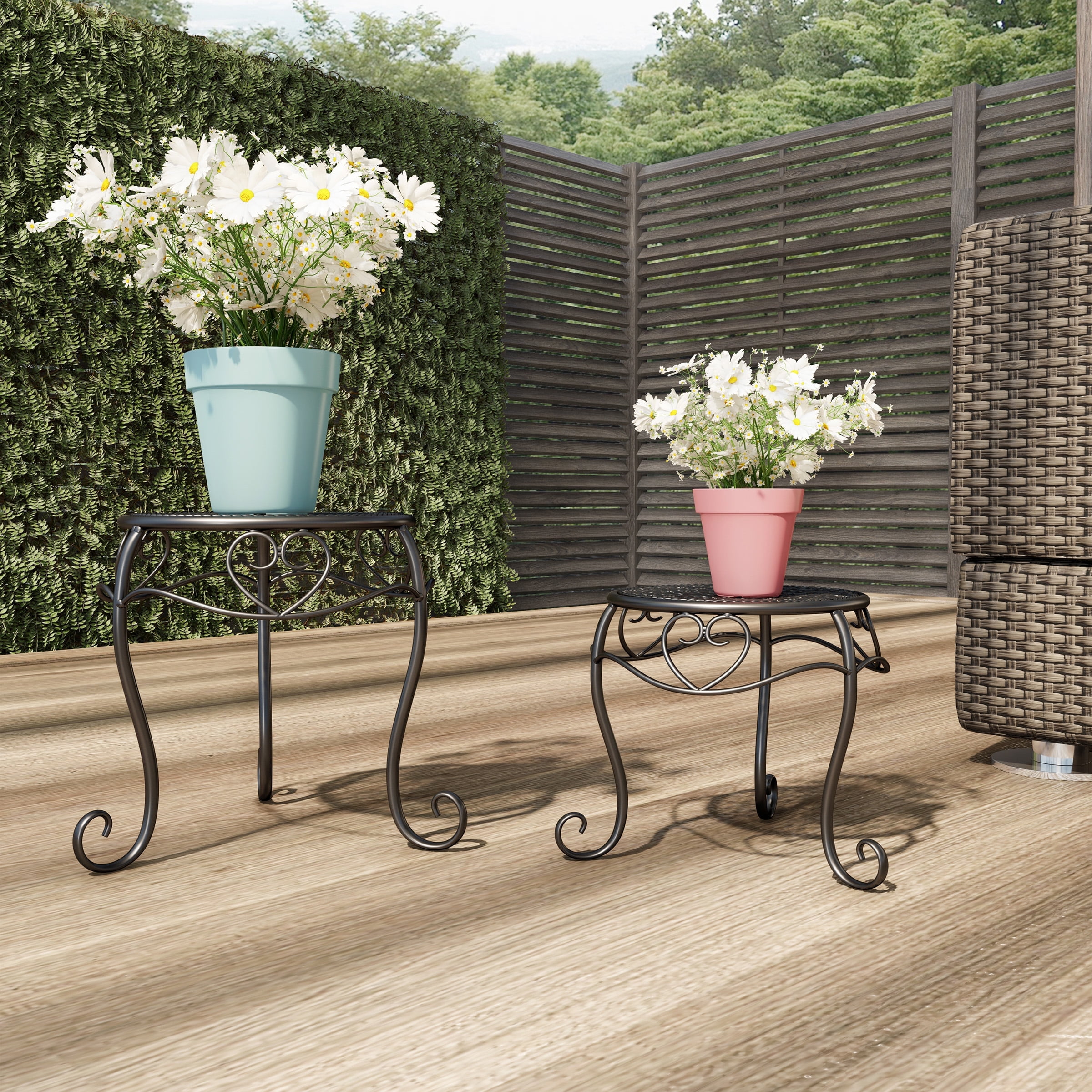 Plant Stands ' Set of 2 Indoor or Outdoor Nesting Wrought Iron Inspired Metal Round Decor - Image 4