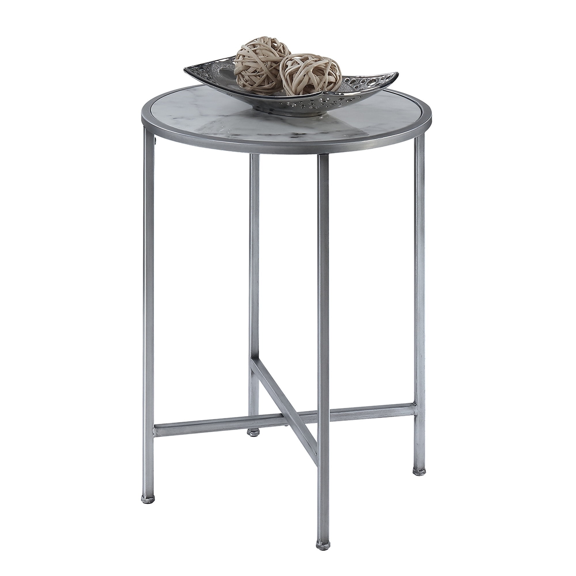 Convenience Concepts Gold Coast Faux Marble Round End Table, White Faux Marble/Silver - Image 4