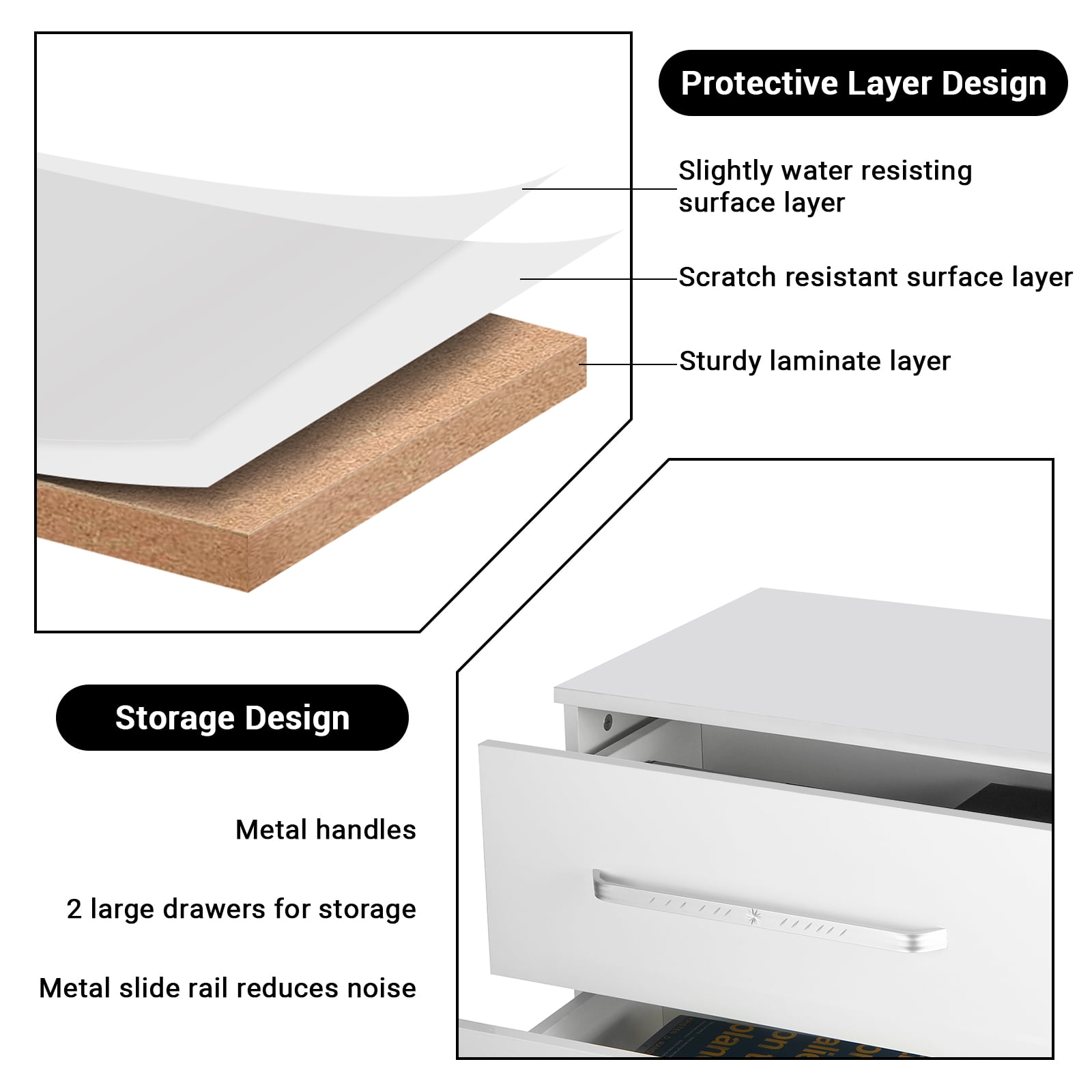 Hommpa Modern LED Nightstand with 2 Drawers High Gloss Bedside Table Led Lights White Night Stand with Handles Drawer Wooden Led End Side Table for Bedroom 19.7" Tall - Image 8