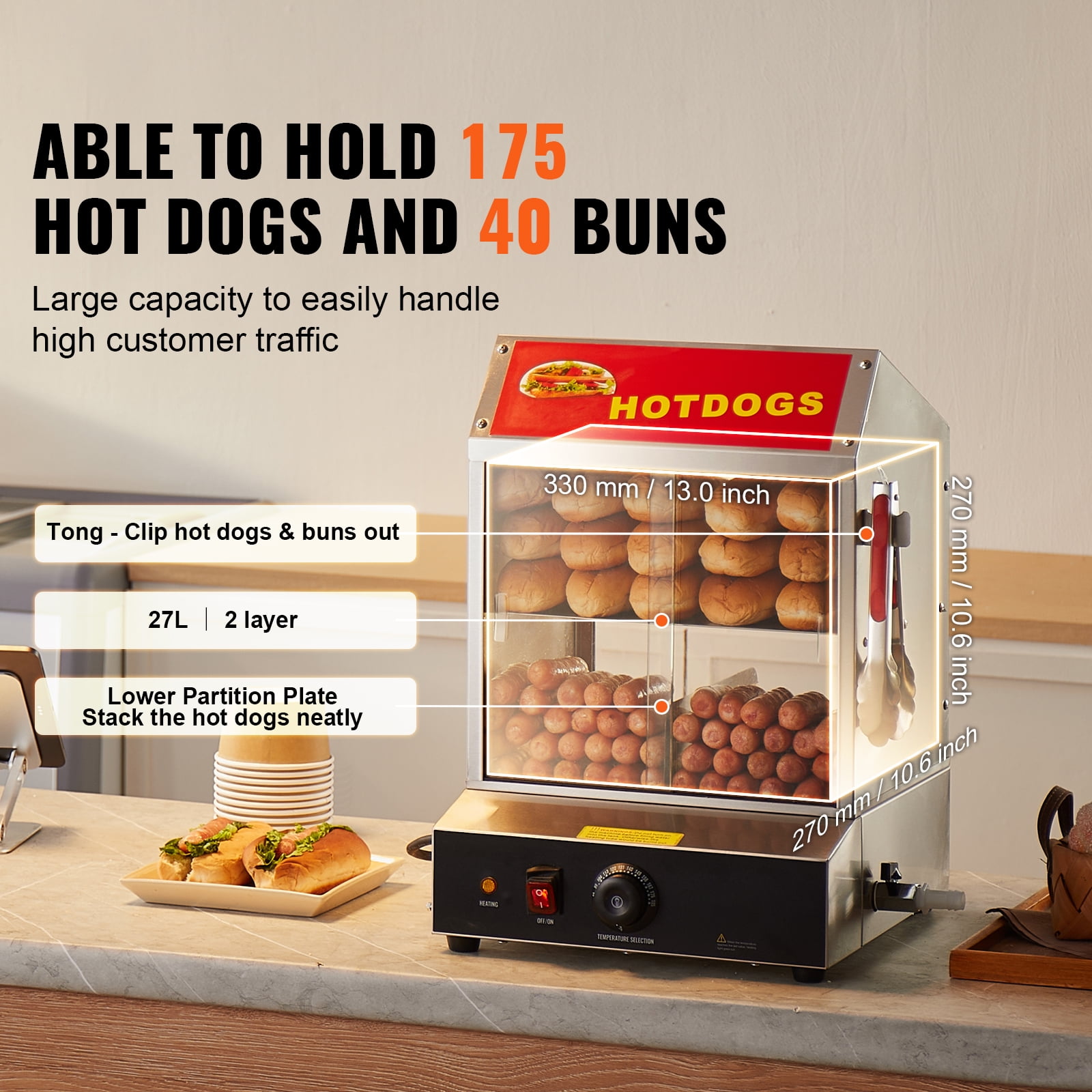 KFFKFF Hot Dog Warmer, 28.5QT, Dual-Level Hot Dog House Steamer, Temperature Adjustment 86℉~185℉, Electric Bread Heater with Durable Glass Slide Doors - Image 8