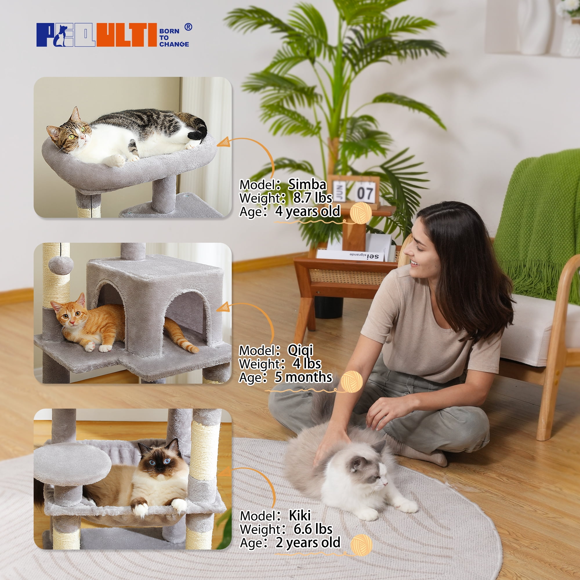 PEQULTI 45.7" Multi-Level Cat Tree Large Cat Tower Indoor with Condo and Hommock Light Gray - Image 7