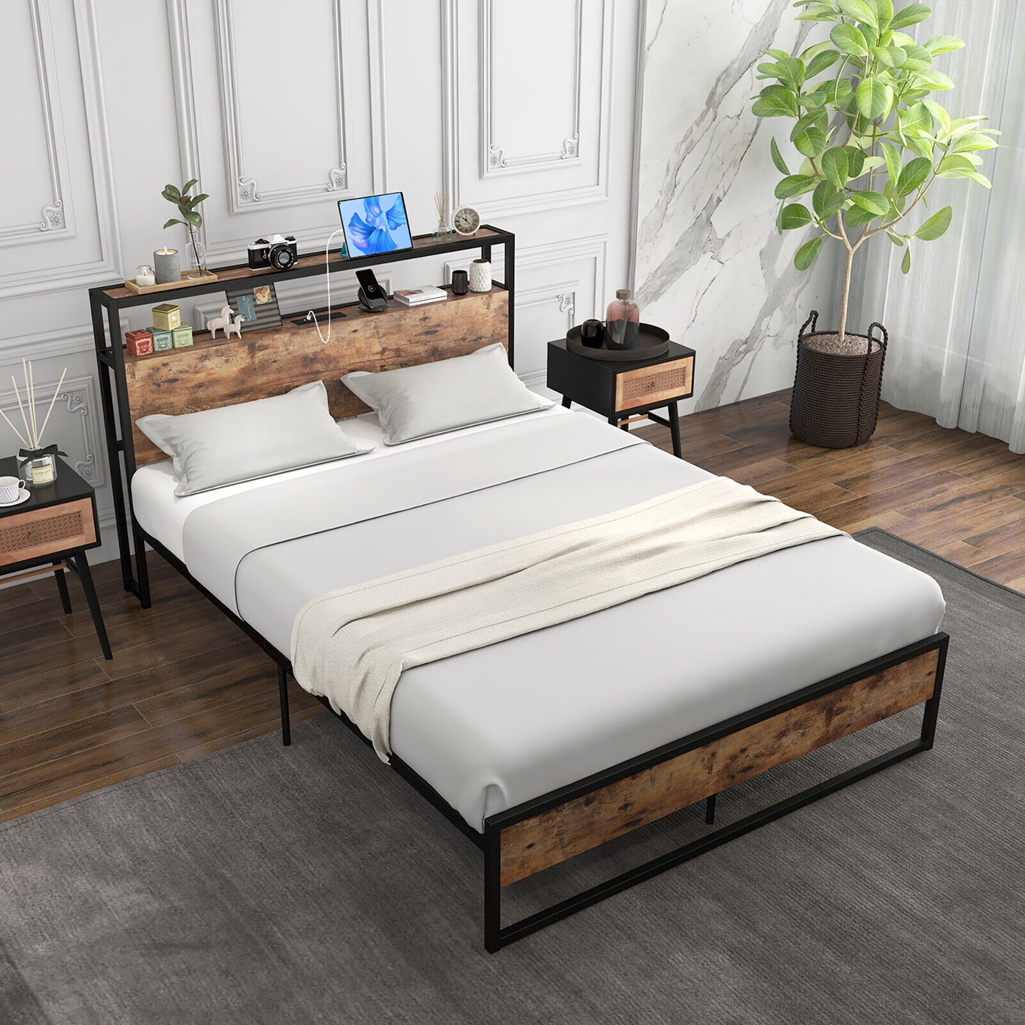 Gymax Full Size Industrial Platform Bed Frame with Charging Station Storage Headboard - Image 3