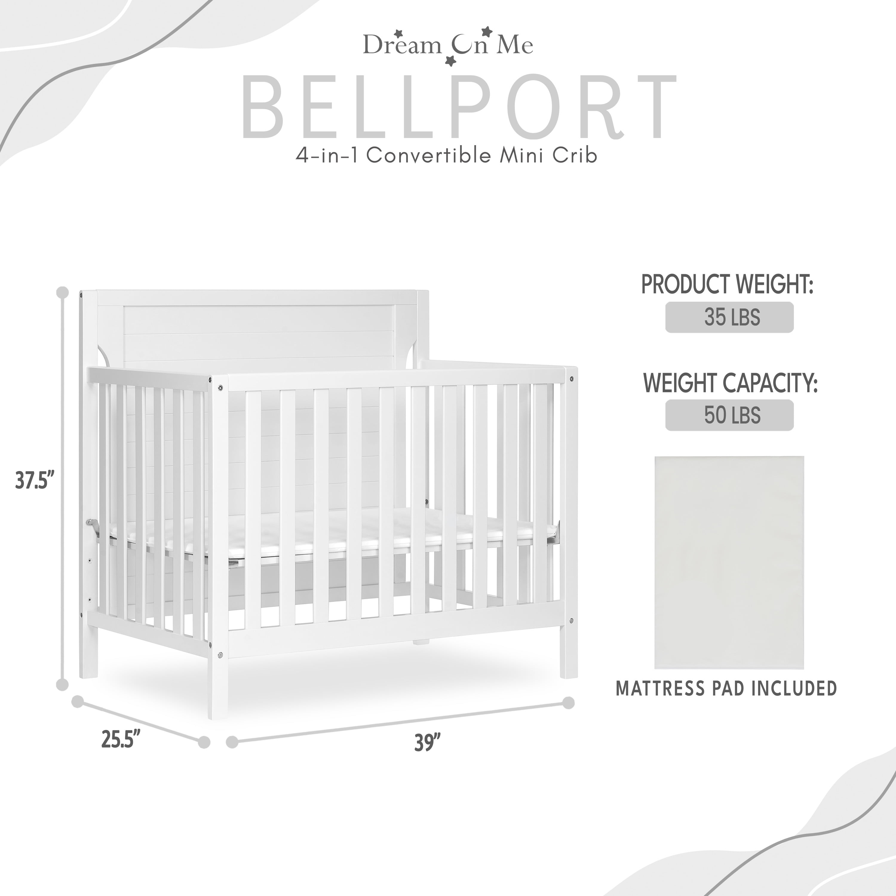 Dream On Me Bellport 4 in 1 Convertible Mini/Portable Crib in White, Non-Toxic Finish, Made of Sustainable New Zealand Pinewood, with 3 Mattress Height Settings - Image 4