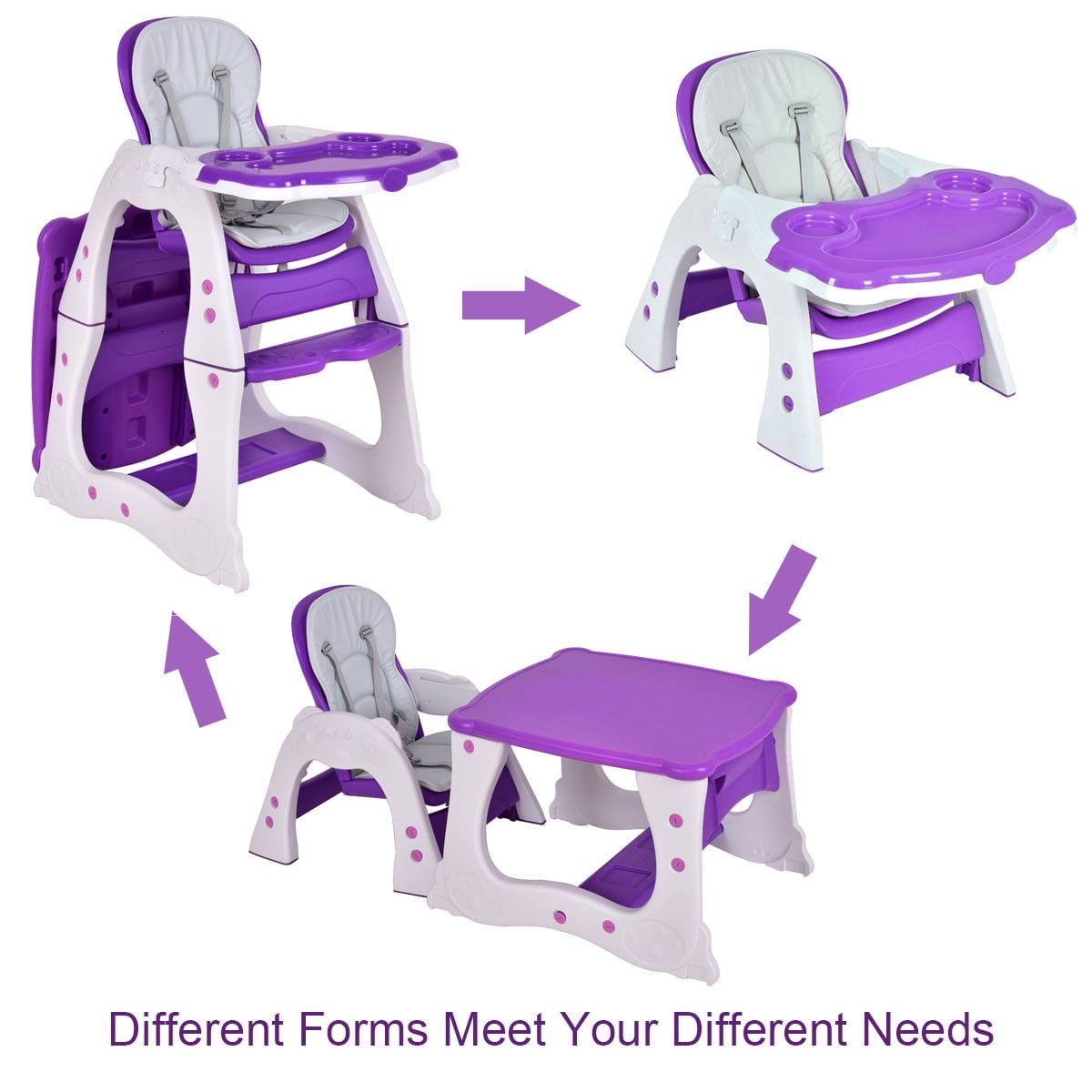 Costway 3 in 1 Baby High Chair Convertible Play Table Seat Booster Toddler Feeding Tray Purple - Image 9