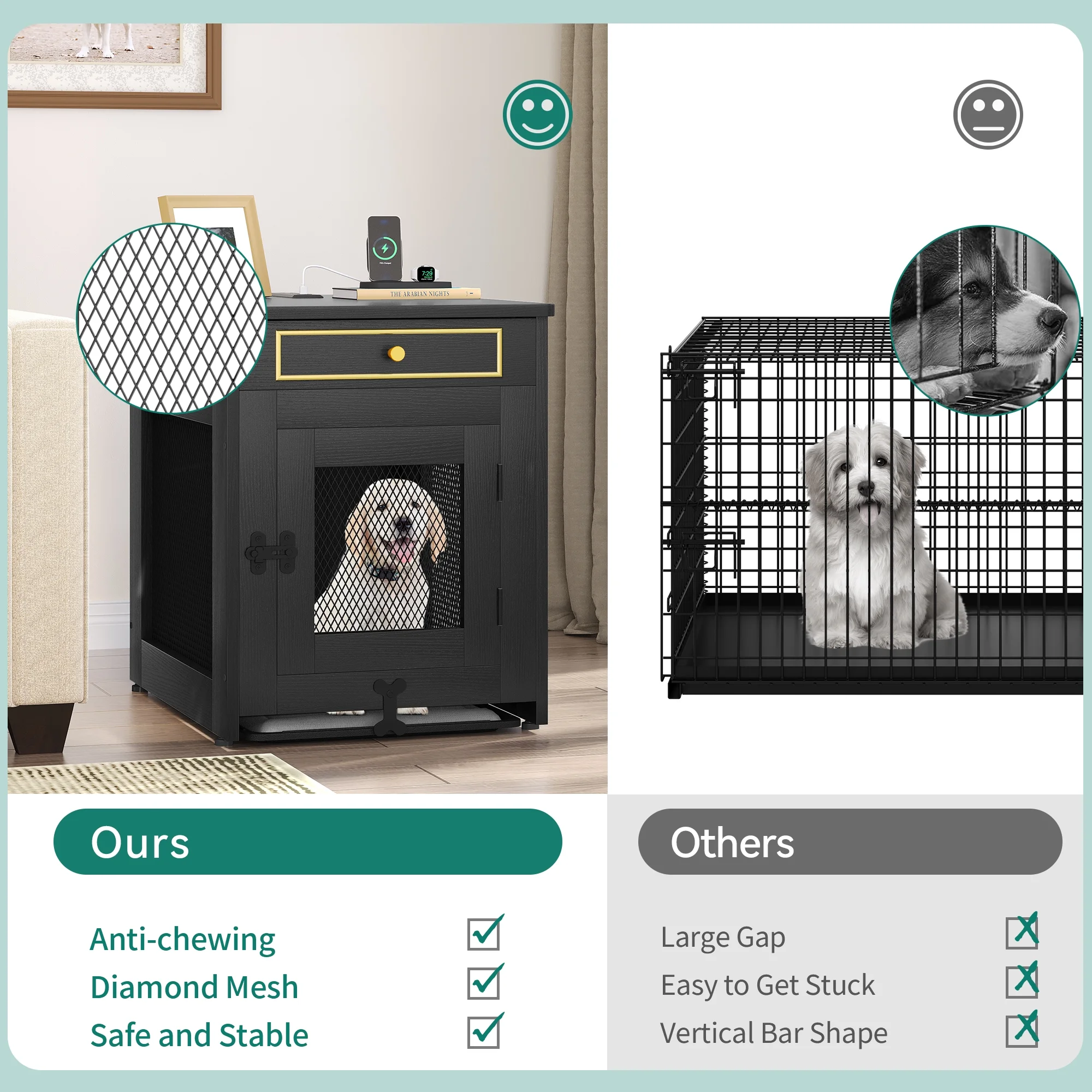 Dextrus Wooden Dog Kennel End Table with Dual USB Charger, Dog Crate Furniture, Drawer for Small Dogs Under 25 lbs Indoor Use, Black - Image 2