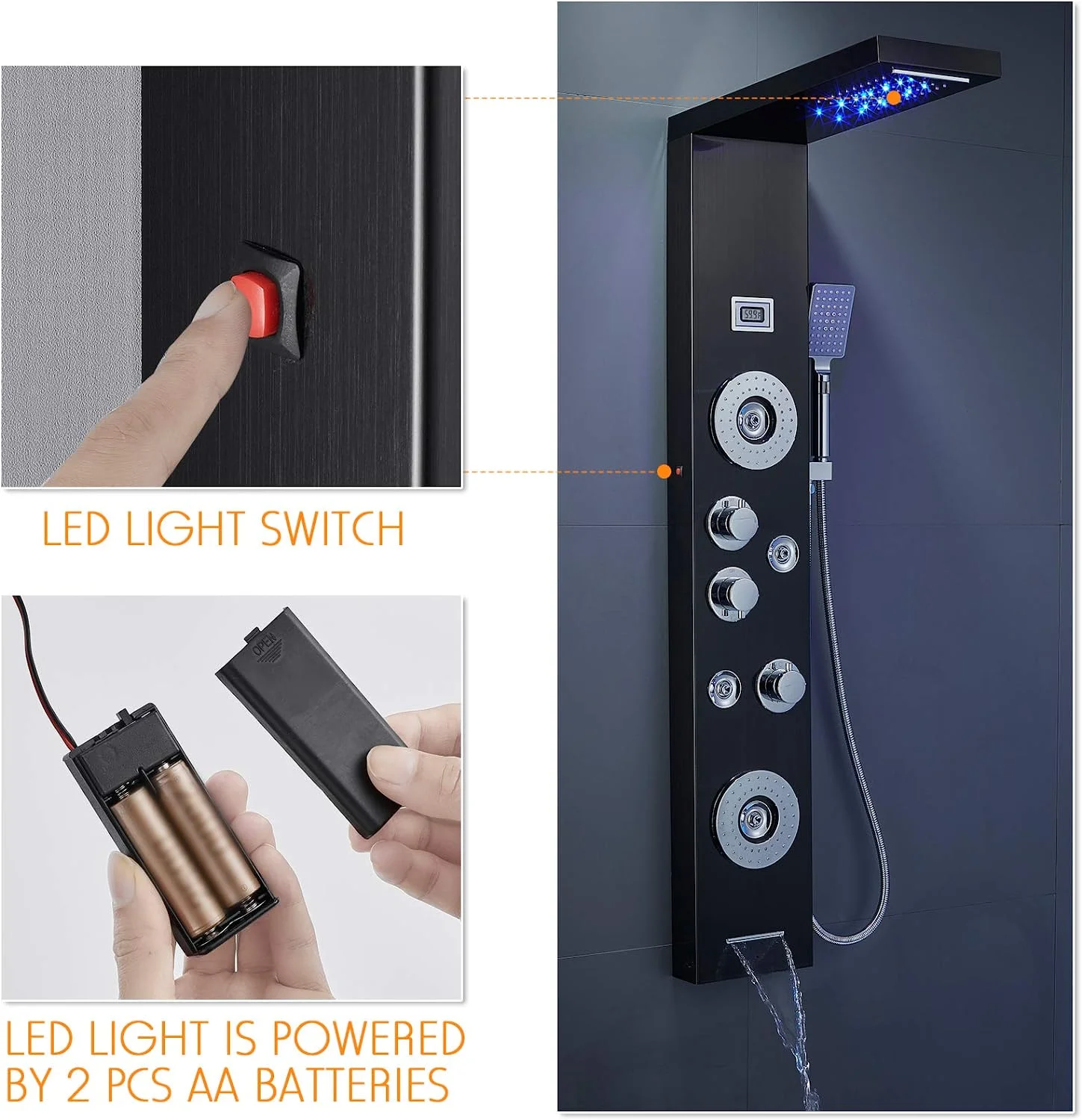 Zovajonia LED Shower Panel Tower System, Multi-Functions Shower Tower, Waterfall Showerhead, Shower Jets, Stainless Steel Rain Shower System Oil Rubbed Bronze - Image 19