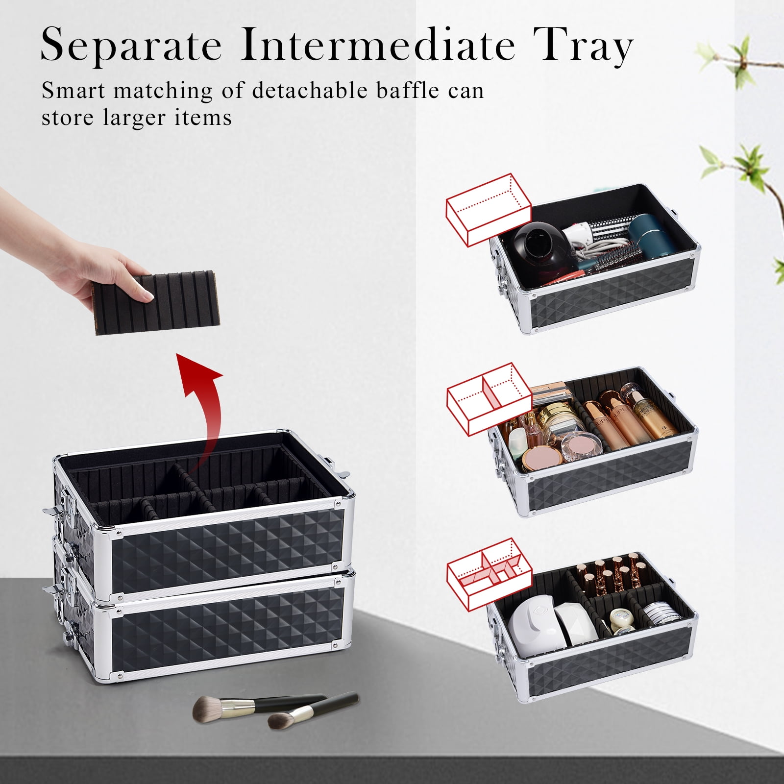 Professional Rolling Makeup Case with Wheels 4 in 1 Aluminum Cosmetic Train Case Trolley Box Salon Barber Suitcase - Image 2