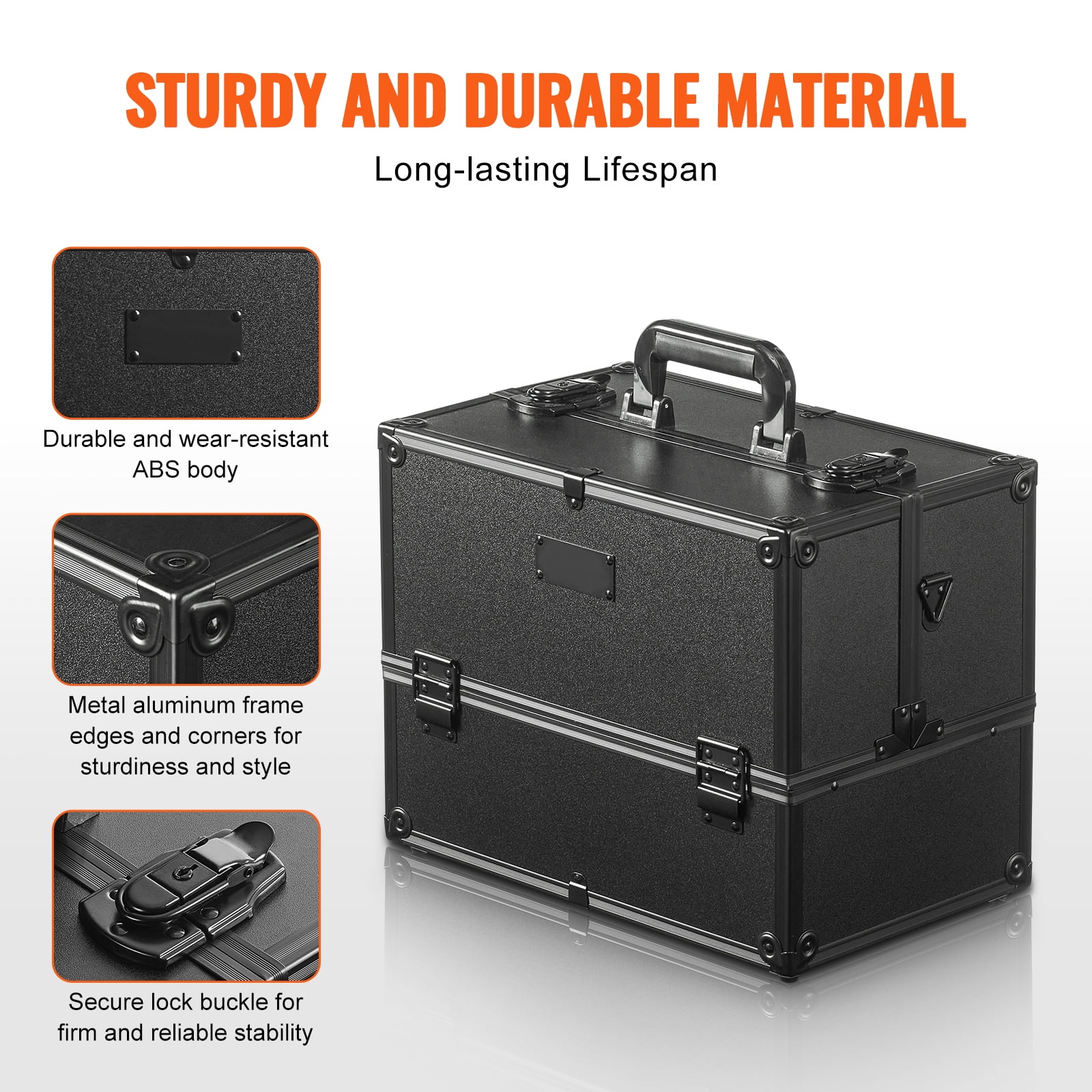 KFFKFF Beauty Storage Case 14.6 inch, Portable Large Cosmetic Container, 6 Layered Trays Professional Makeup Organizer Box, Carrier with Handle and Strap, Travel Case for Women and Girls - Black - Image 9