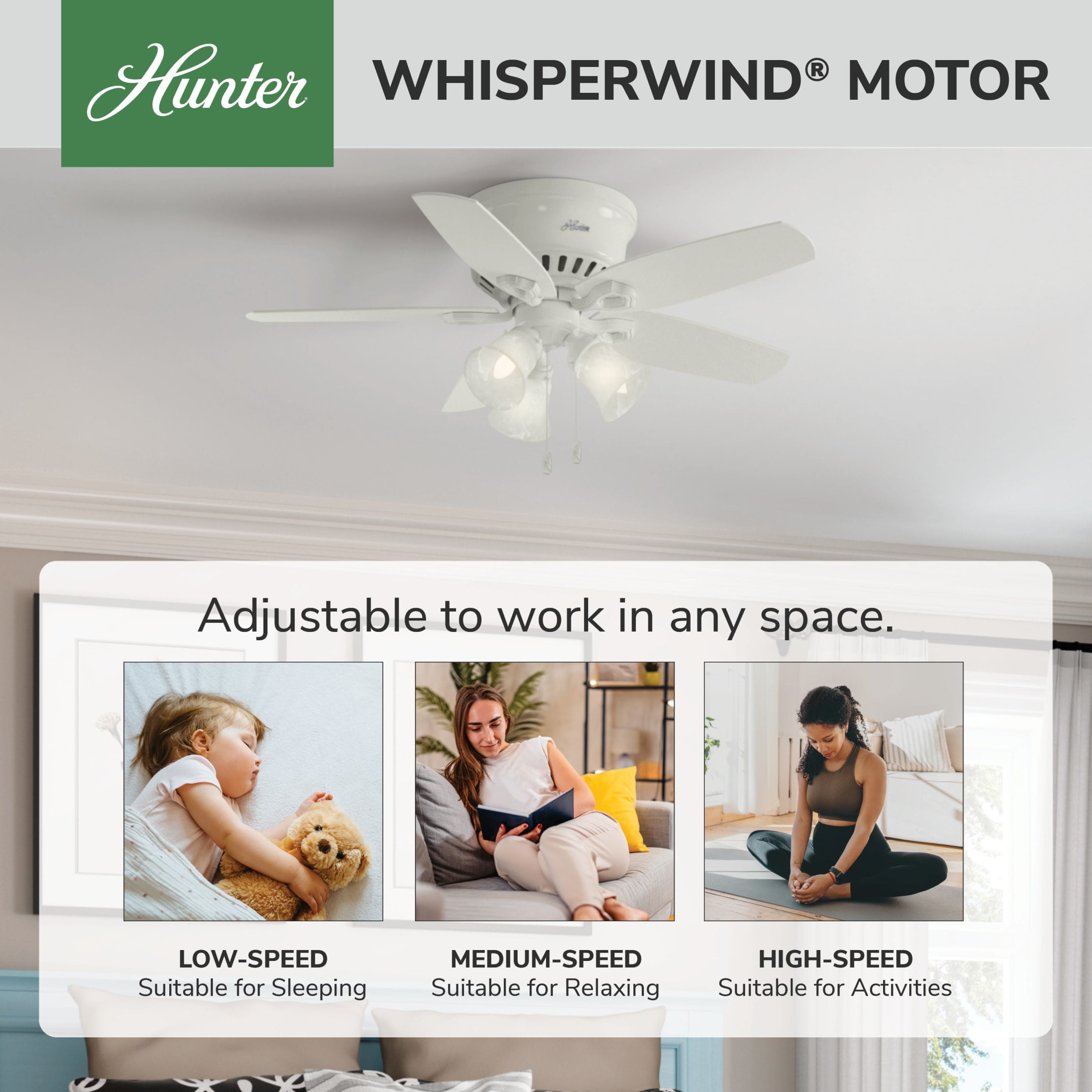 Hunter - Builder Indoor Low Profile Ceiling Fan With Light, 42-inch, Snow White, Traditional-style, 3-speed WhisperWind Motor, 51090, for living rooms, bedrooms, home offices, kitchens - Image 3