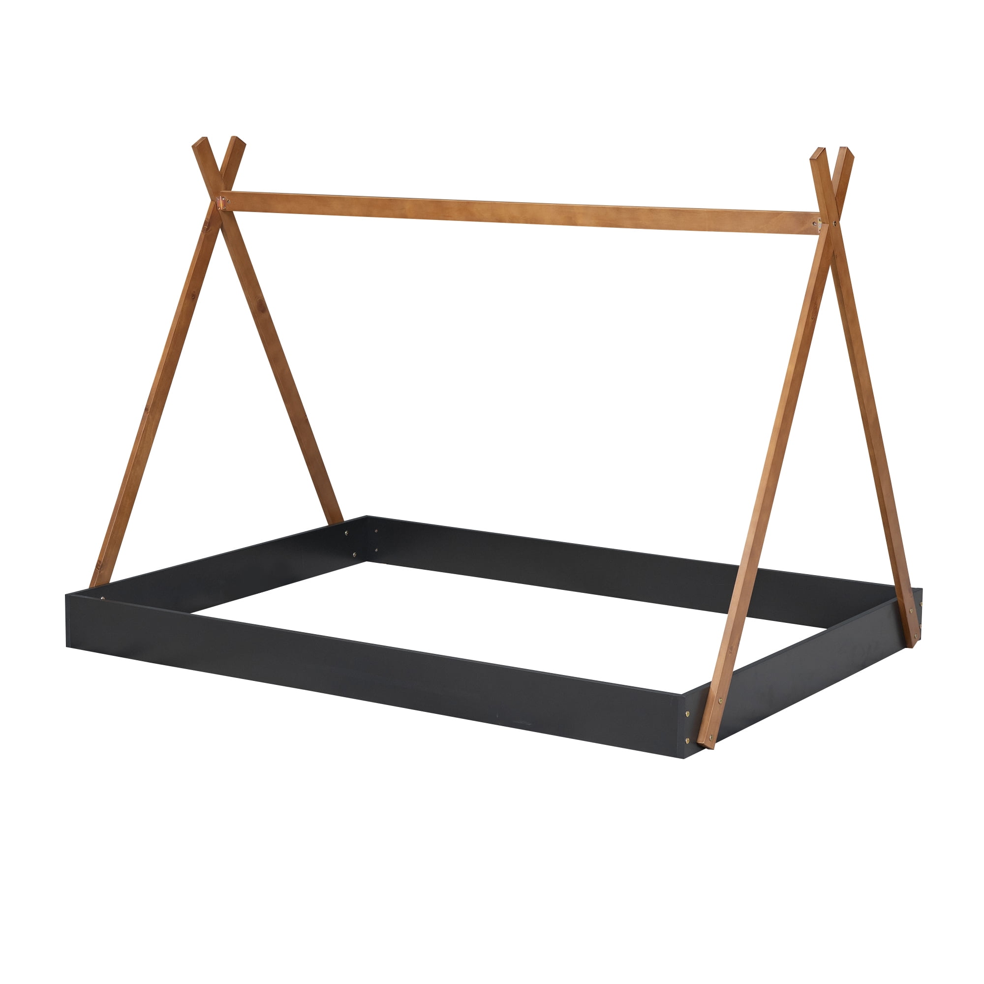 Euroco Modern Wood Full Size Tent Floor Bed, x-Shaped House Bed for Kids, Wood Triangle Canopy Bed, Natural - Image 2