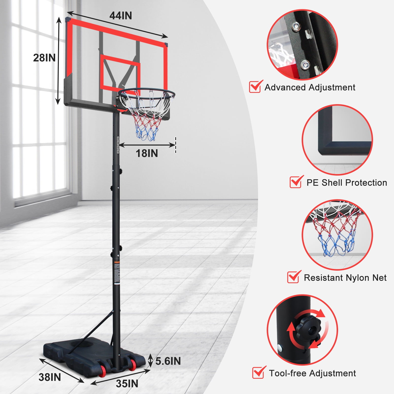 44" Portable Kids Basketball Hoop Stand, SEGMART 5.73FT - 10FT Height Adjustable Basketball Hoop Goal System with Shatterproof Backboard, Fillable Base for Poolside Indoor Outdoor - Image 2