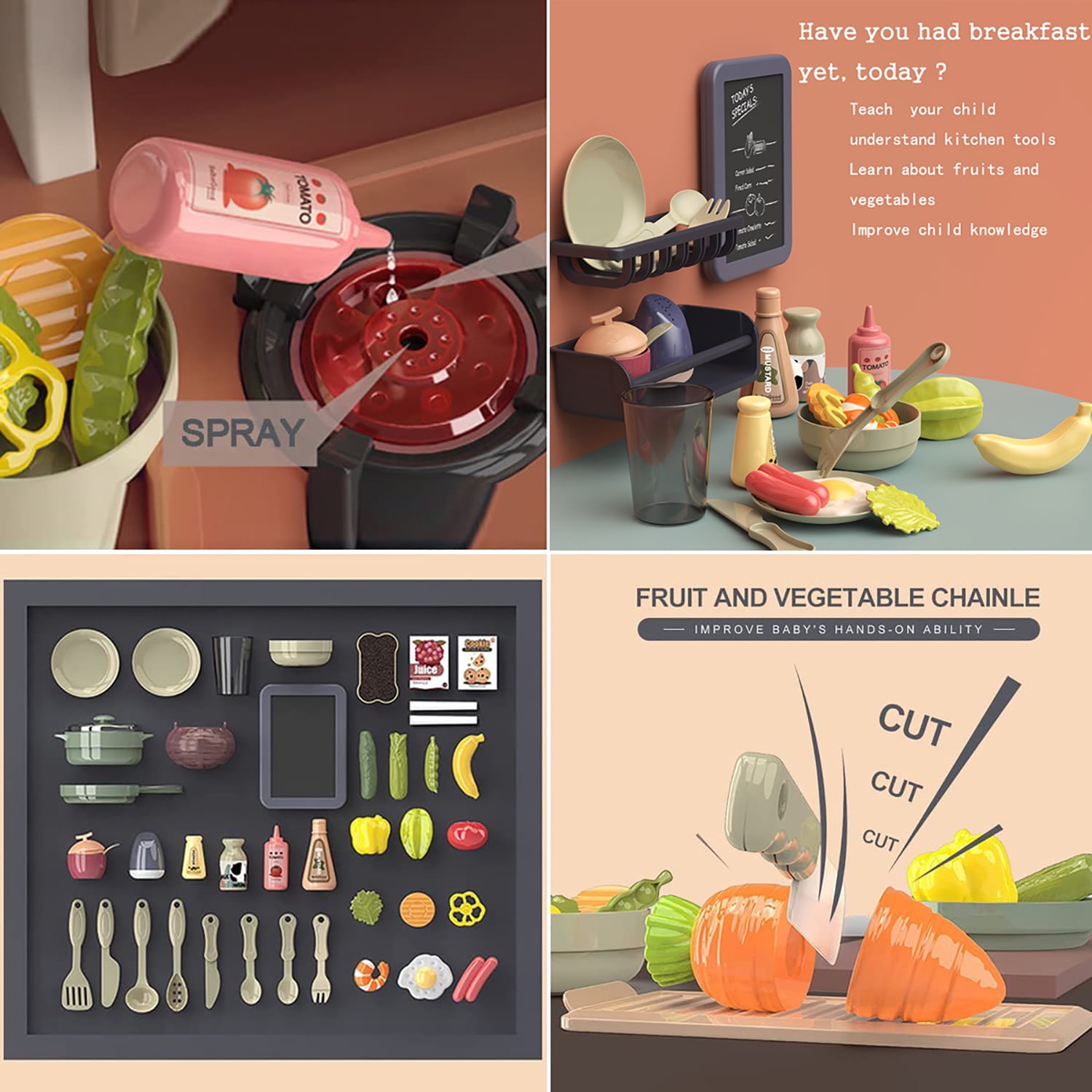 PayUSD 28.3" Kids Play Kitchen Playset for Toddlers with Realistic Sounds and Lights 43 Pcs Pretend Play Toy Set with Simulation of Spray Kids Kitchen Toys for Boys Girls Christmas Birthday, Orange - Image 3