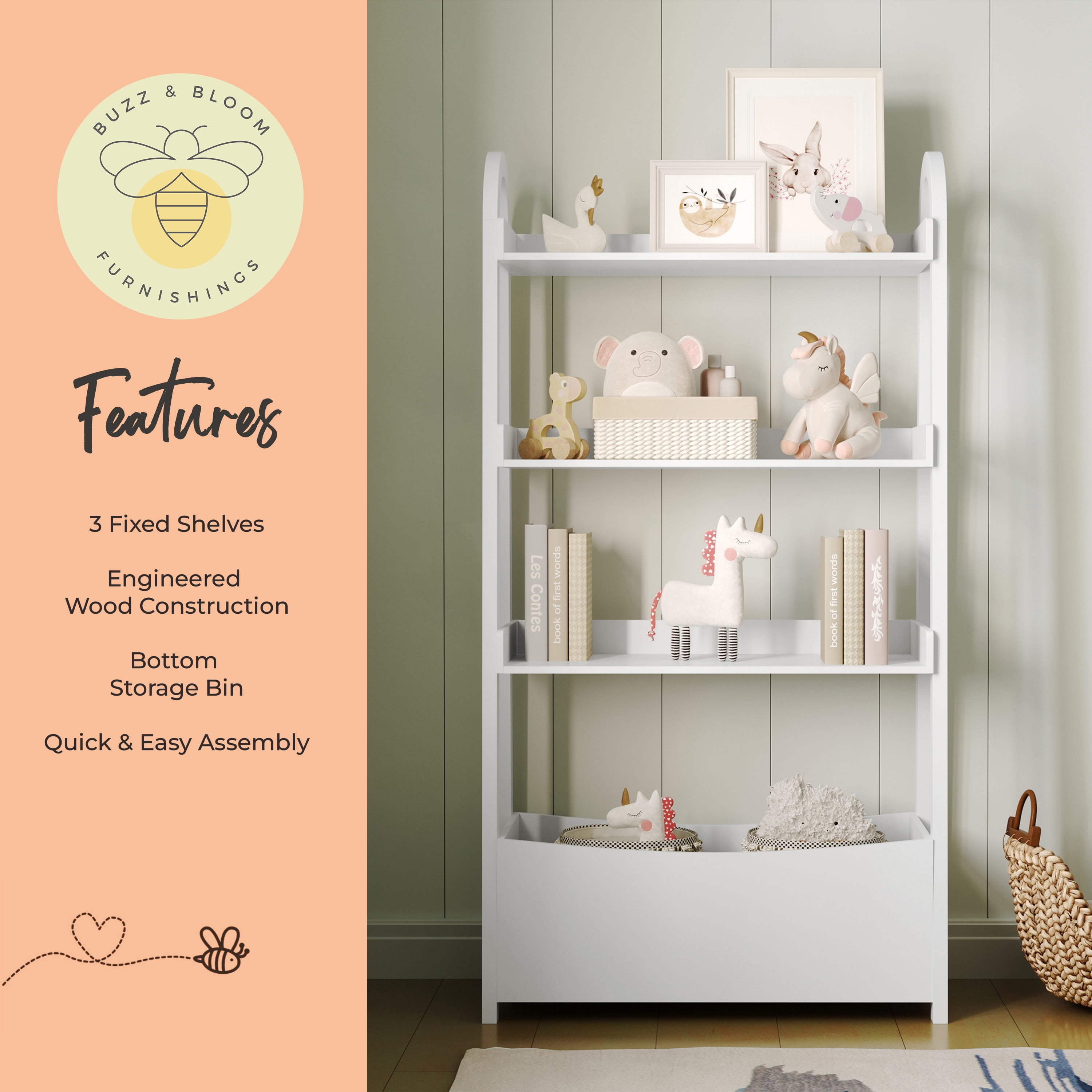 Buzz & Bloom Kids Open-Style Engineered Wood Bookshelf with 3 Shelves and Bottom Storage Bin, White - Image 9