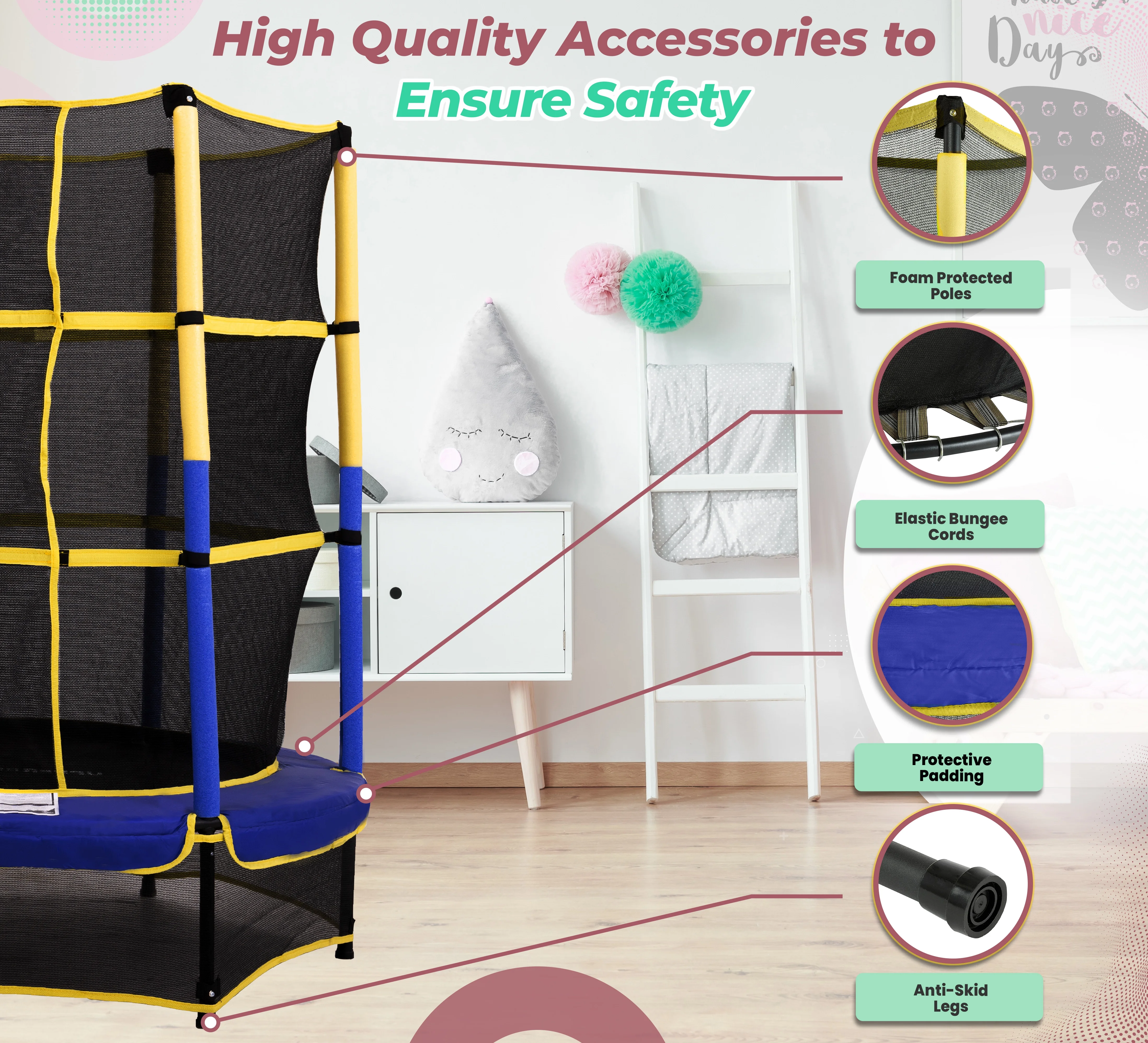 Machrus Upper Bounce 55-Inch Kids Trampoline with Safety Enclosure – Indoor/Outdoor Mini Trampoline for Toddlers & Children, Easy Assembly & Durable Design - Image 5