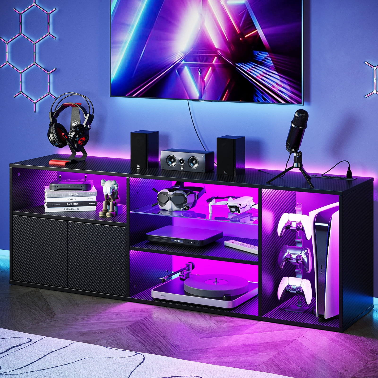 TV Stand for Living Room, Entertainment Center for TVs up to 65 inch, TV Console Table with Adjustable Shelves, Carbon fiber - Image 3