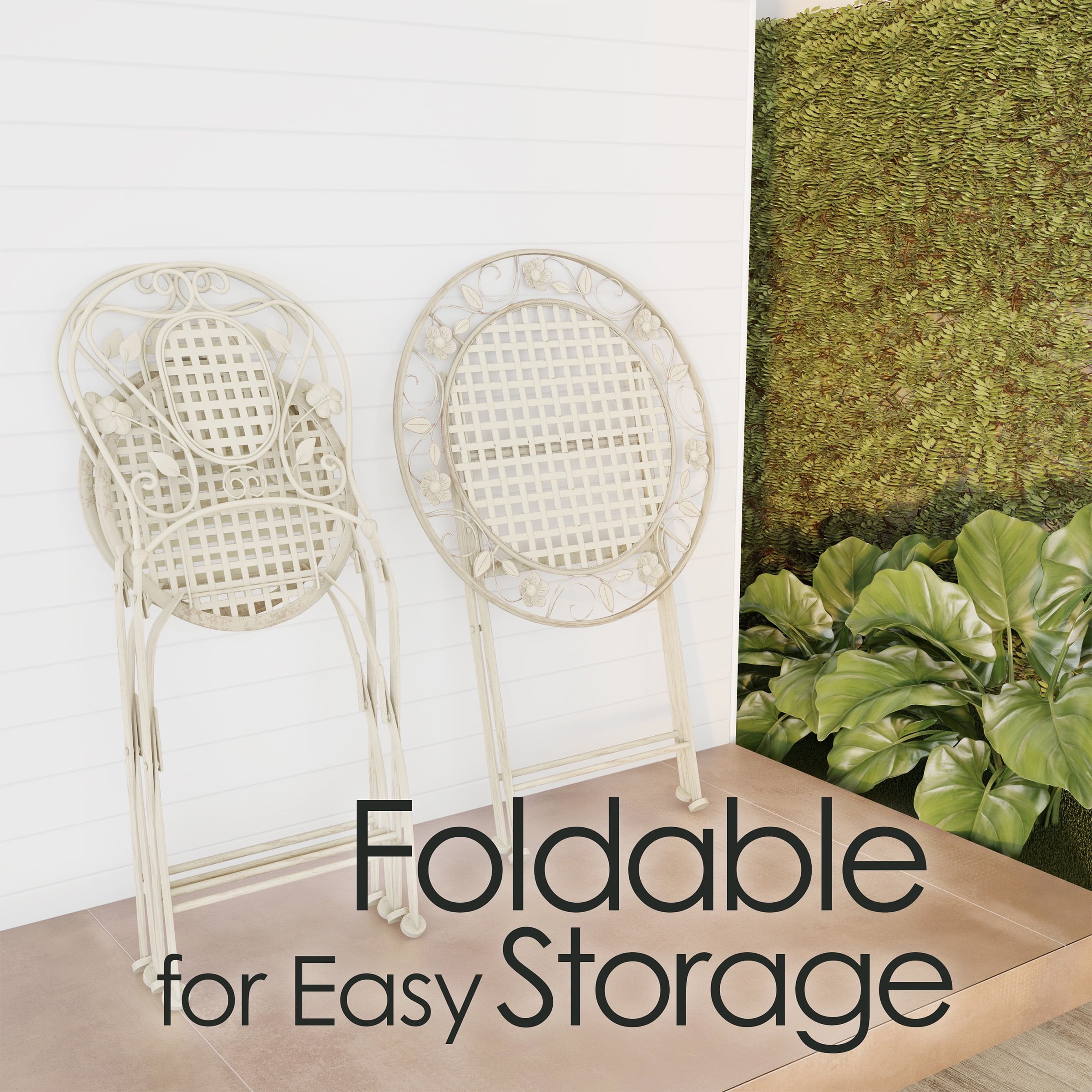 Lavish Home Wrought Iron Folding Bistro Set – 3-Piece Table and Chairs with Lattice & Leaf Design (Antique White) - Image 3