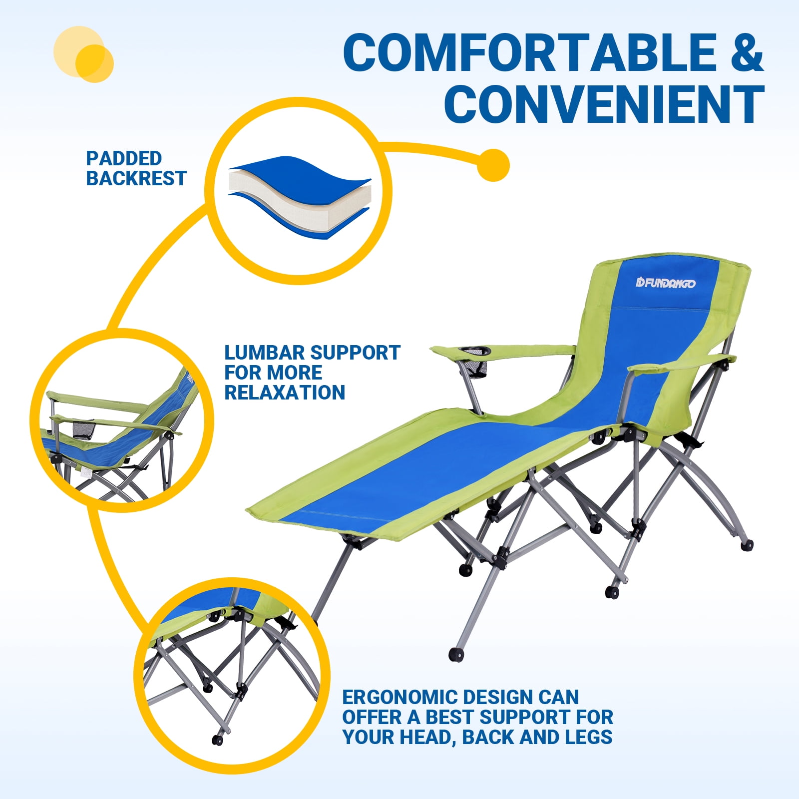 FUNDANGO Folding Lounge Chair with Footrest & Cup Holder, Reclining Design for Camping & Outdoor Use, Blue/Green - Image 4