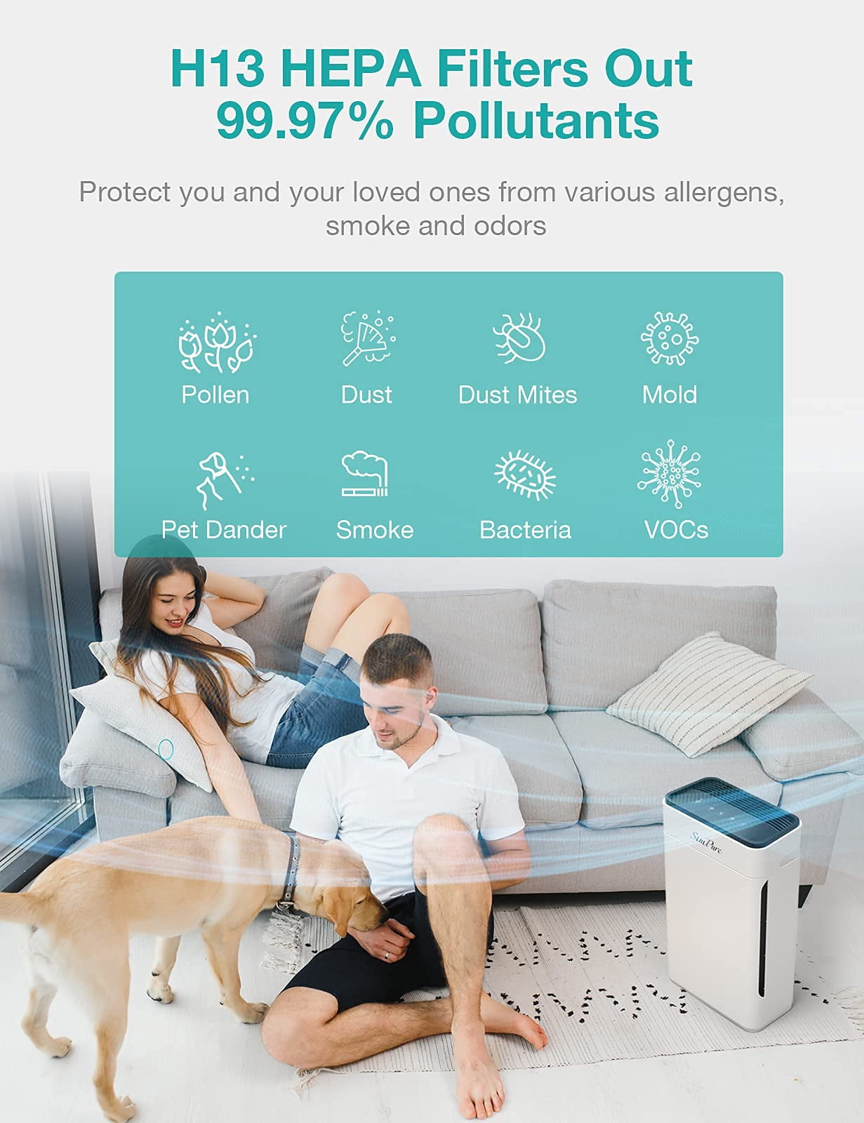 SimPure HP8 HEPA Air Purifier Air Filter Cleaner for Large Room 800 Sq Ft, Removal Allergies, Fire Smoke, Dust, White - Image 5