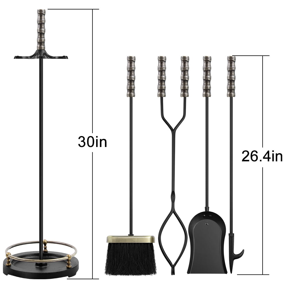 Amagabeli 30in Fireplace Tools Set Brass Handle 5Pieces Wrought Iron Indoor Fireset Stand Wood Log Holder Outdoor Fire Pit Hearth Accessories Kit Antique Fire Tongs Shovel Brush Chimney Poker Tool Set - Image 4