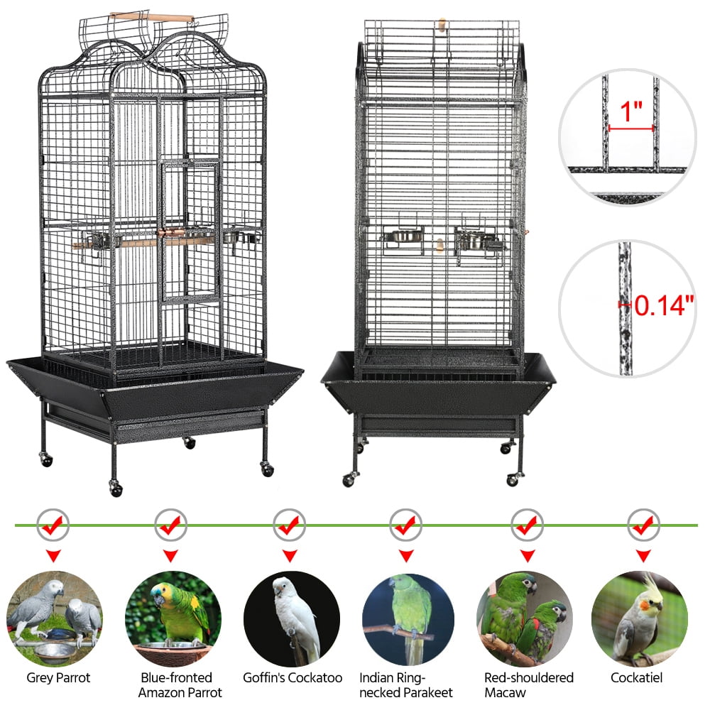 Alden Design 63" Large Parrot Cage with Open Playtop Metal Rolling Bird Cage for African Grey Parakeets, Cockatiels, Black - Image 6