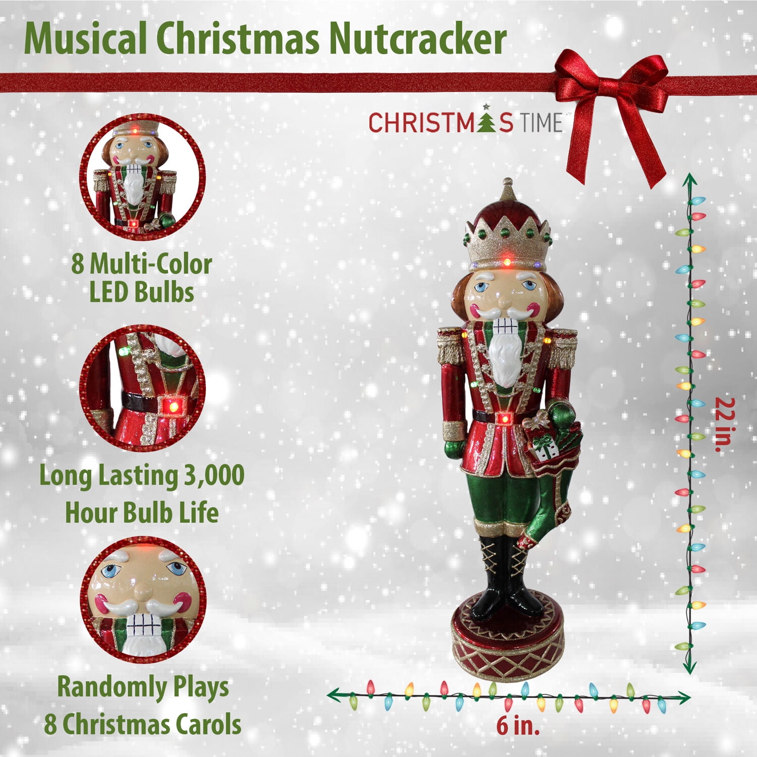 Christmas Time Nutcracker Soldier, Multi-Color LED Lights and Music, 22 inch Indoor/Outdoor Figurine, CT-RS022NC3-RD - Image 4