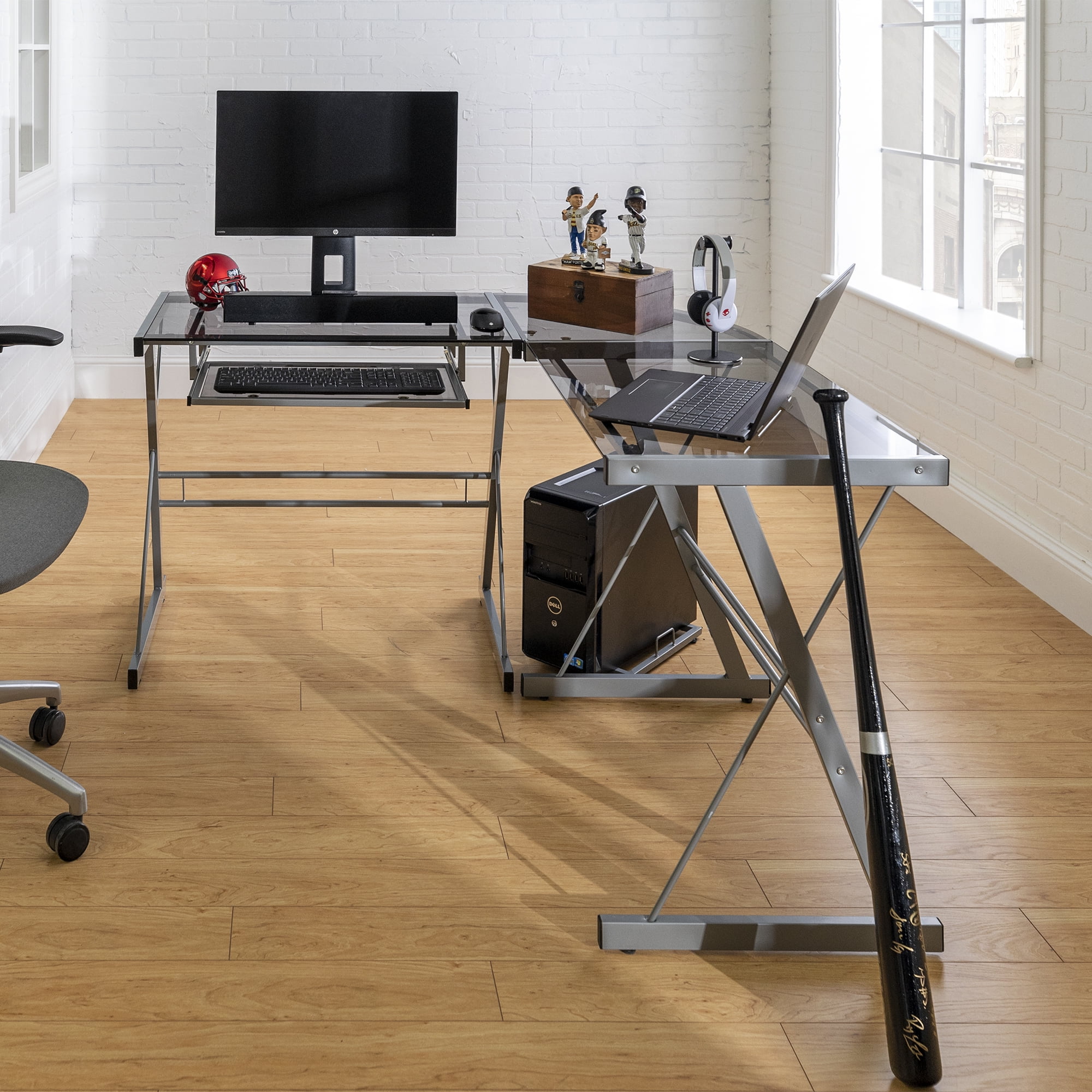 Modern Glass and Metal Smoke L-Shaped Corner Computer Desk by Manor Park - Image 7