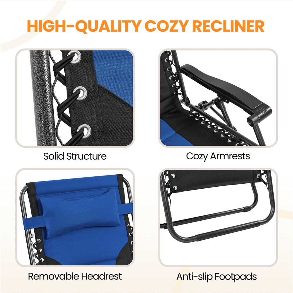 Alden Design 29in Foldable Padded Zero Gravity Chair with Cupholder/ Pillow for Outdoor, Navy Blue/Black - Image 4