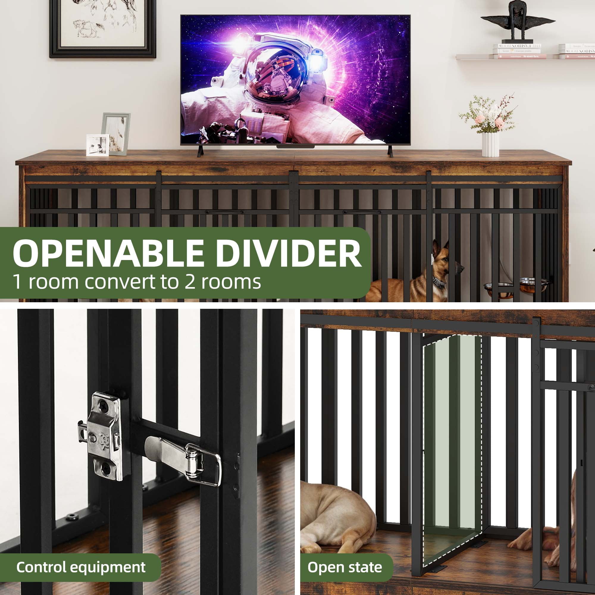 Uforic 87" Dog Crate Furniture with Dog Bowl for 2 Large Dogs,Indoor Furniture Style Wooden Large Dog Kennel TV Stand Sliding Doors - Rustic Brown - Image 2