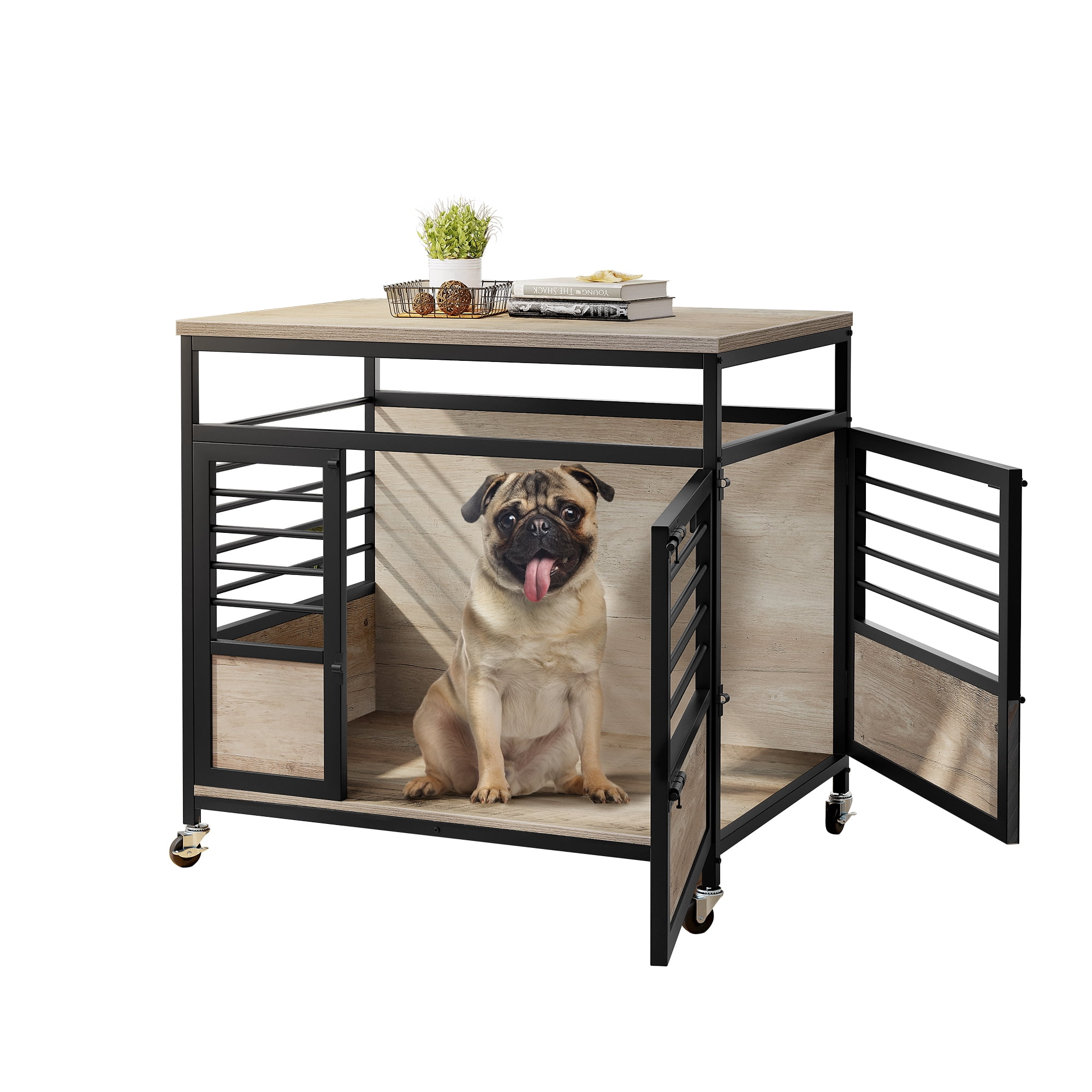 Dextrus 31.5 inch large Wooden Dog Crate Furniture, 2 Doors Wooden Dog Cage, Heavy Duty Dog Kennel with Wheels, Dog House Indoor for Medium Dogs - Image 9