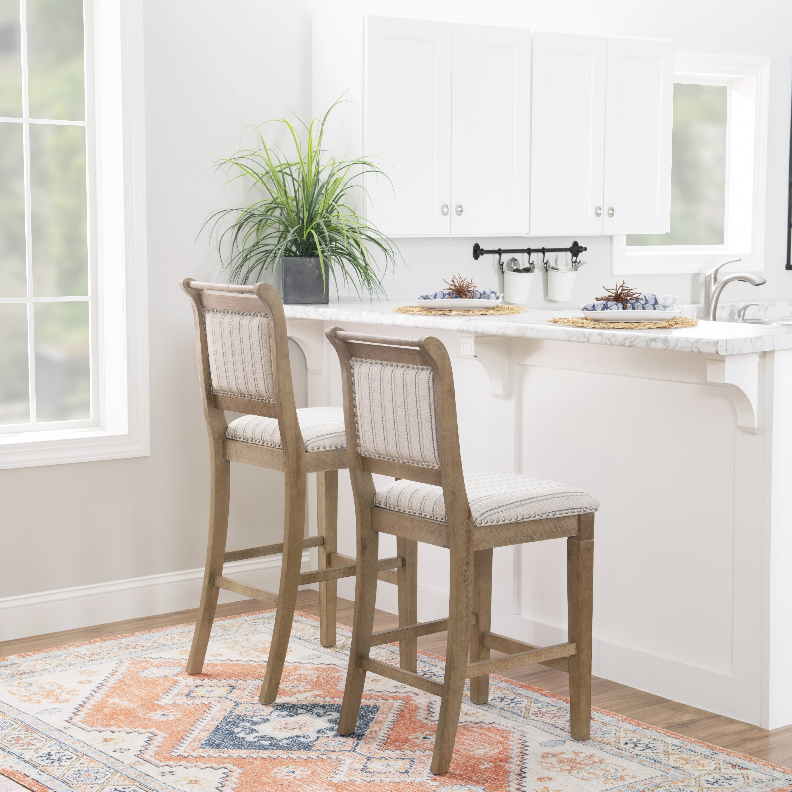 Linon Emmy 30" Mid Back Indoor Wood Bar Stool, Graywash/Natural Stripe - Image 7