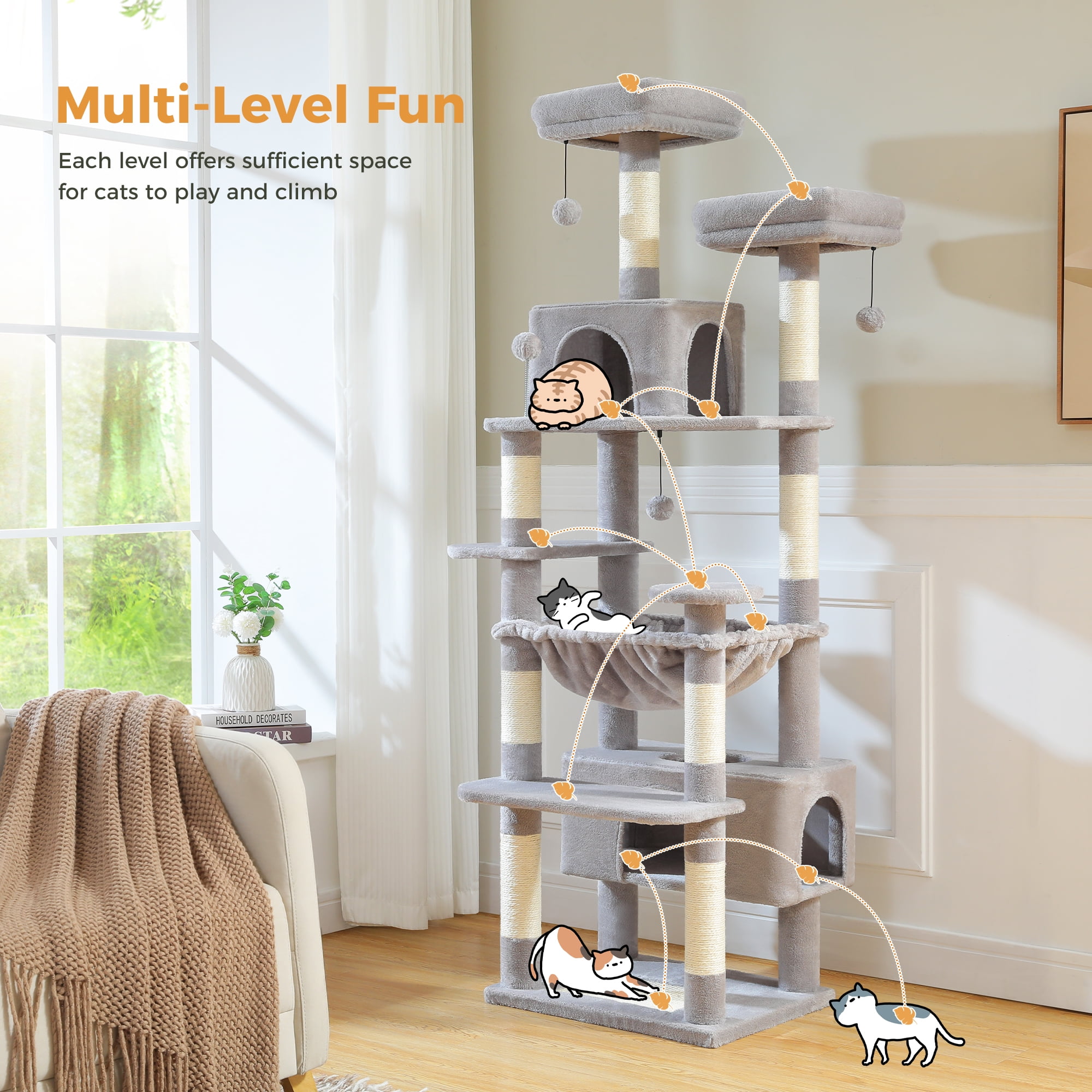 PAWZ Road 73"Cat Tree for Large Cats Multi Level Play Tower Condo 7 Sisal Cat Scratching Posts Gray - Image 5