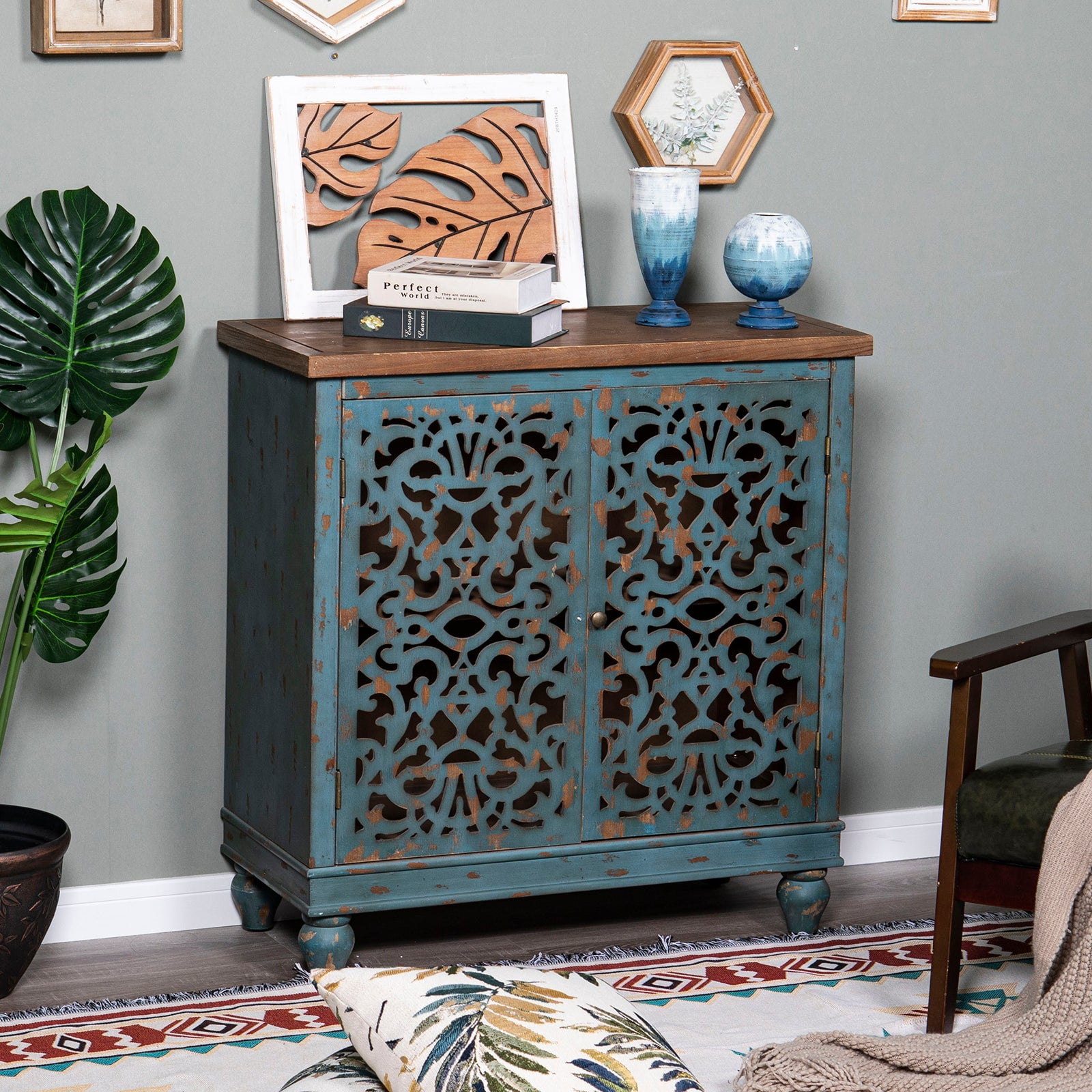 Sophia & William Hollow-Carved Credenzas and Sideboards, Wood Blue, 2 Shelves - Image 3