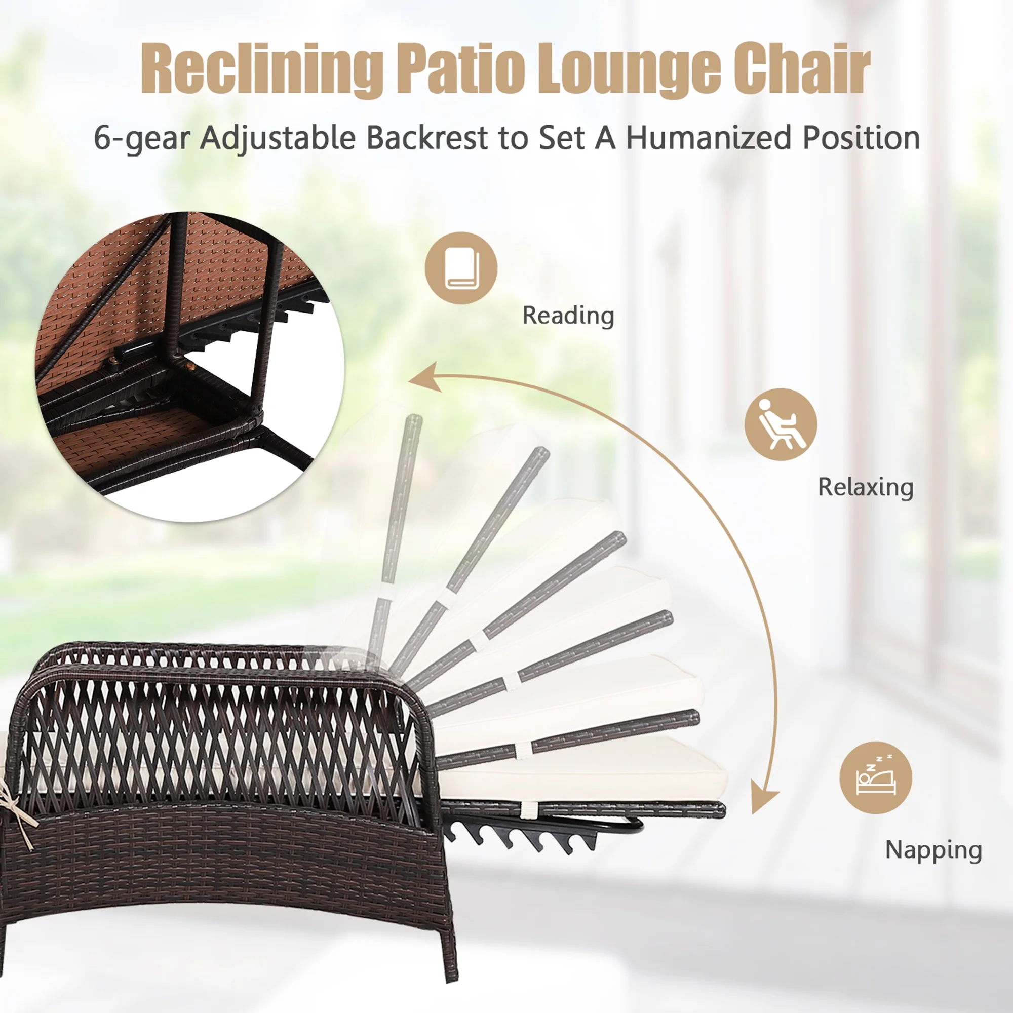 Gymax Rattan Patio Lounge Chair Chaise w/ Adjustable Backrest Cushion & Pillow - Image 9