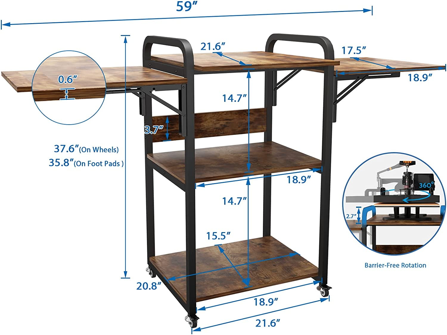Natwind 3 Tier Movable Heat Press Table Foldable Heat Transfer Machine Stand Heavy Duty Rolling Workbench with Folding Table for DIY Sublimation Transfer Machine Metal Shelf Storage Organization - Image 2